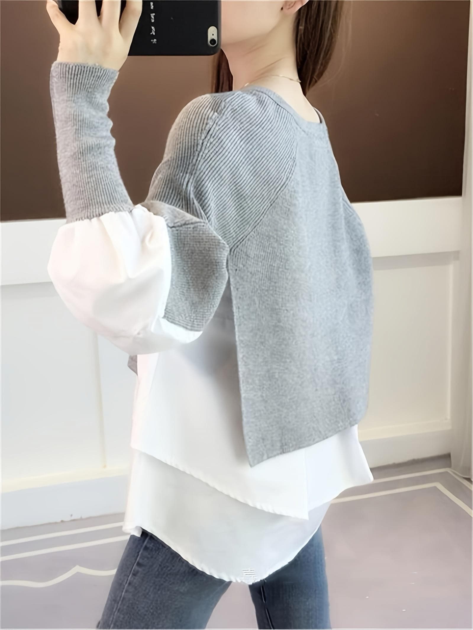 【1枚で旬顔】 重ね着? ニット セーター レディース フェイクレイヤード シャツ 切り替え プルオーバー トップス 長袖 クルーネック ボリューム袖 異素材 ドッキング チュニック お尻が隠れる ゆったり 体型カバー 着痩せ 楽ちん 大人可愛い きれいめ カジュアル 10,000円