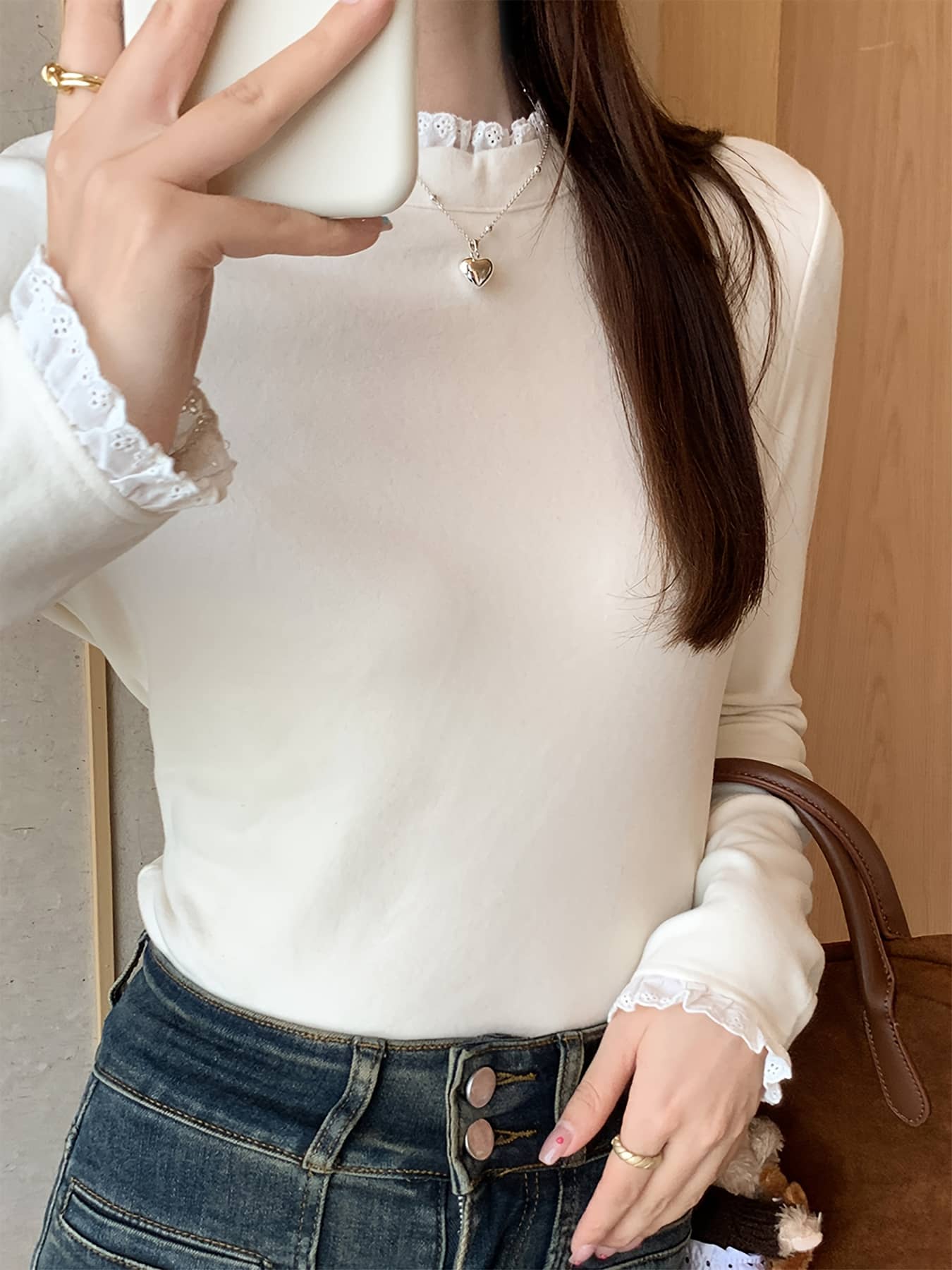 【1枚でも重ね着でも】ニット セーター レディース レース フリル ハイネック モックネック 長袖 トップス カットソー プルオーバー インナー メロー きれいめ 大人可愛い 襟レース 袖レース 無地 伸縮性 ストレッチ スリム タイト 着痩せ 細見え 体型カバー 秋 冬 春