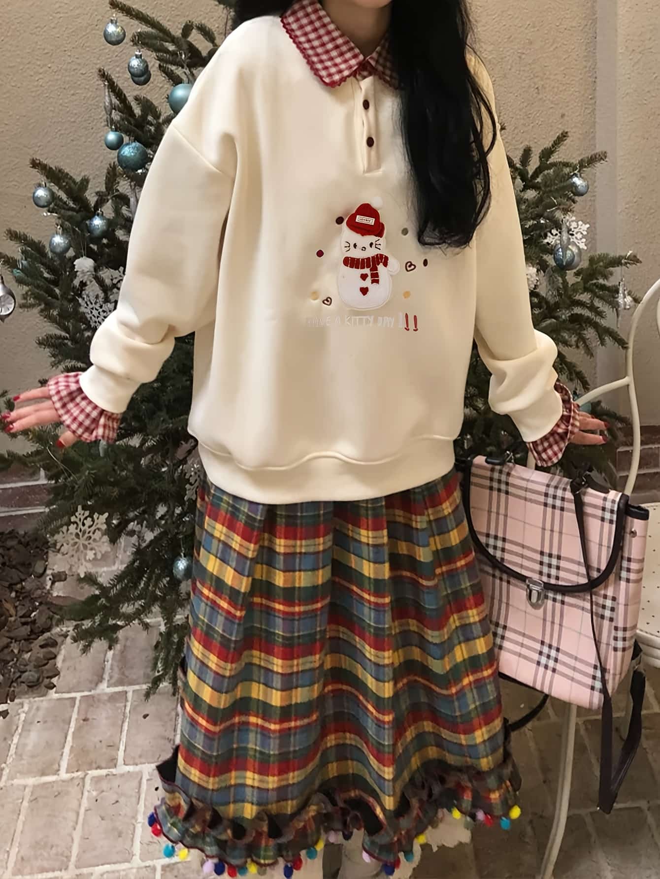 【重ね着風】トレーナー レディース 裏起毛 襟付き スウェット ギンガムチェック 雪だるま 刺繍 プルオーバー トップス 長袖 ハーフボタン ポロ襟 チェック柄 スノーマン 可愛い カジュアル ビッグシルエット オーバーサイズ 体型カバー 二の腕カバー ゆる 楽ちん 秋冬
