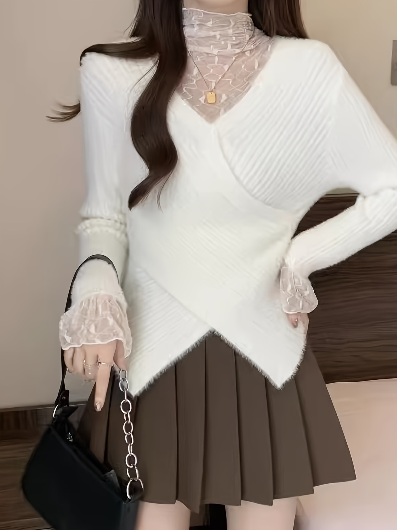 【レイヤード風】ニット セーター レディース レース ハイネック トップス フェイクレイヤード カシュクール 重ね着風 長袖 プルオーバー シャギーニット ふわふわ きれいめ 大人可愛い フェミニン 体型カバー 着痩せ 細見え 暖かい オフィス 通勤 デート 春 秋 冬 白 6,480円