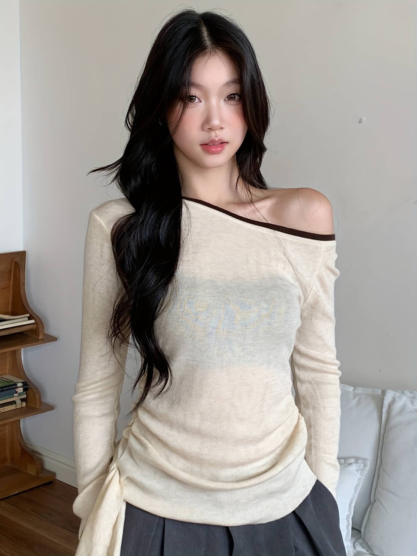 【即納】 オフショルダー ニット レディース ワンショルダー トップス 肩出し 配色 リブニット カットソー 長袖 アシンメトリー アシメ プルオーバー リボン シャーリング タイト 細見え 着痩せ 体型カバー 韓国ファッション 大人可愛い きれいめ セクシー カジュアル