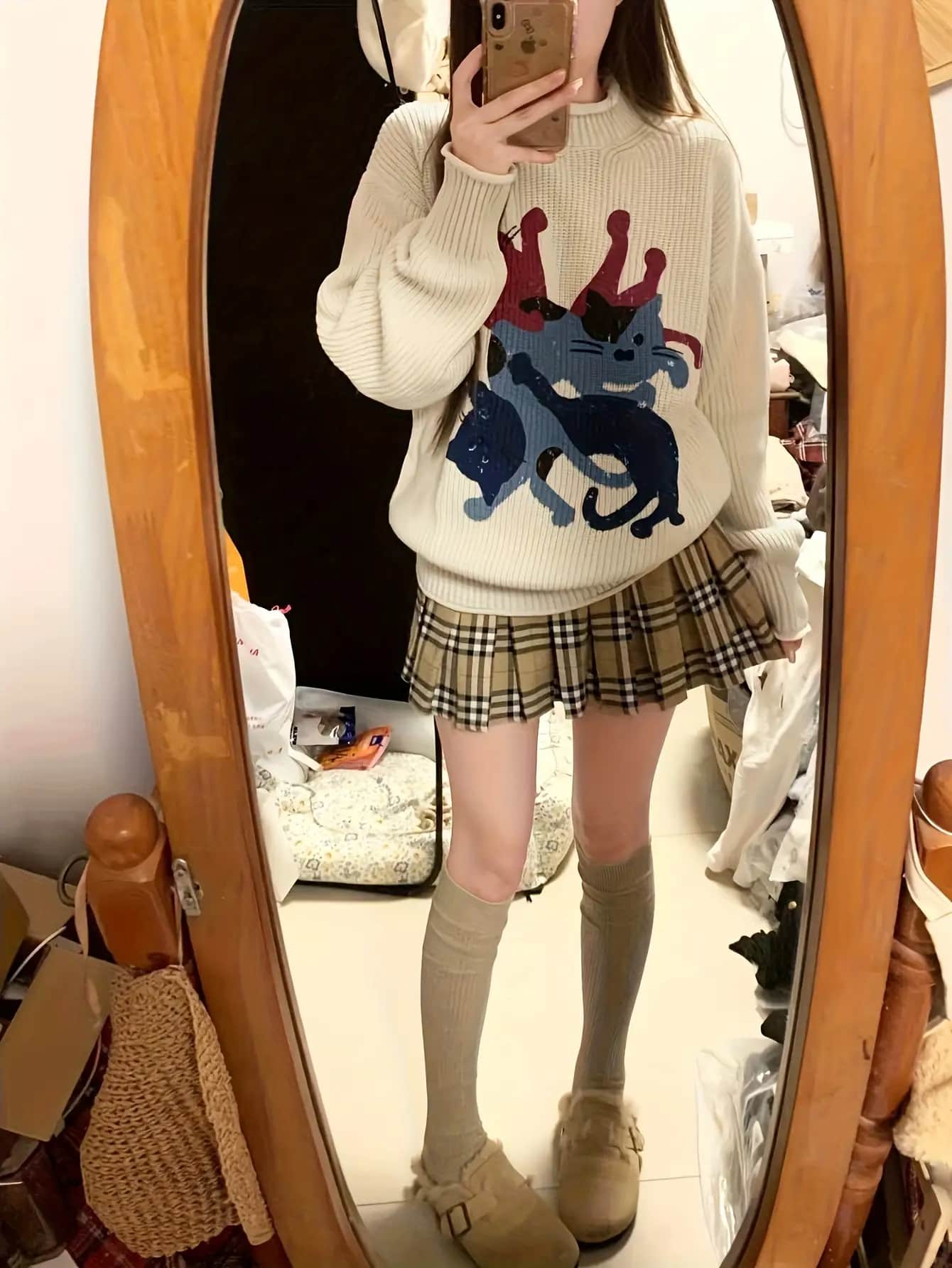 【猫好き必見】ニット セーター レディース 猫柄 ねこ ネコ キャット アニマル トップス 長袖 ハイネック モックネック ボトルネック ゆったり オーバーサイズ ビッグシルエット 韓国風 レトロ 大人可愛い 体型カバー 華奢見え 厚手 暖かい 防寒 ざっくり 畔編み