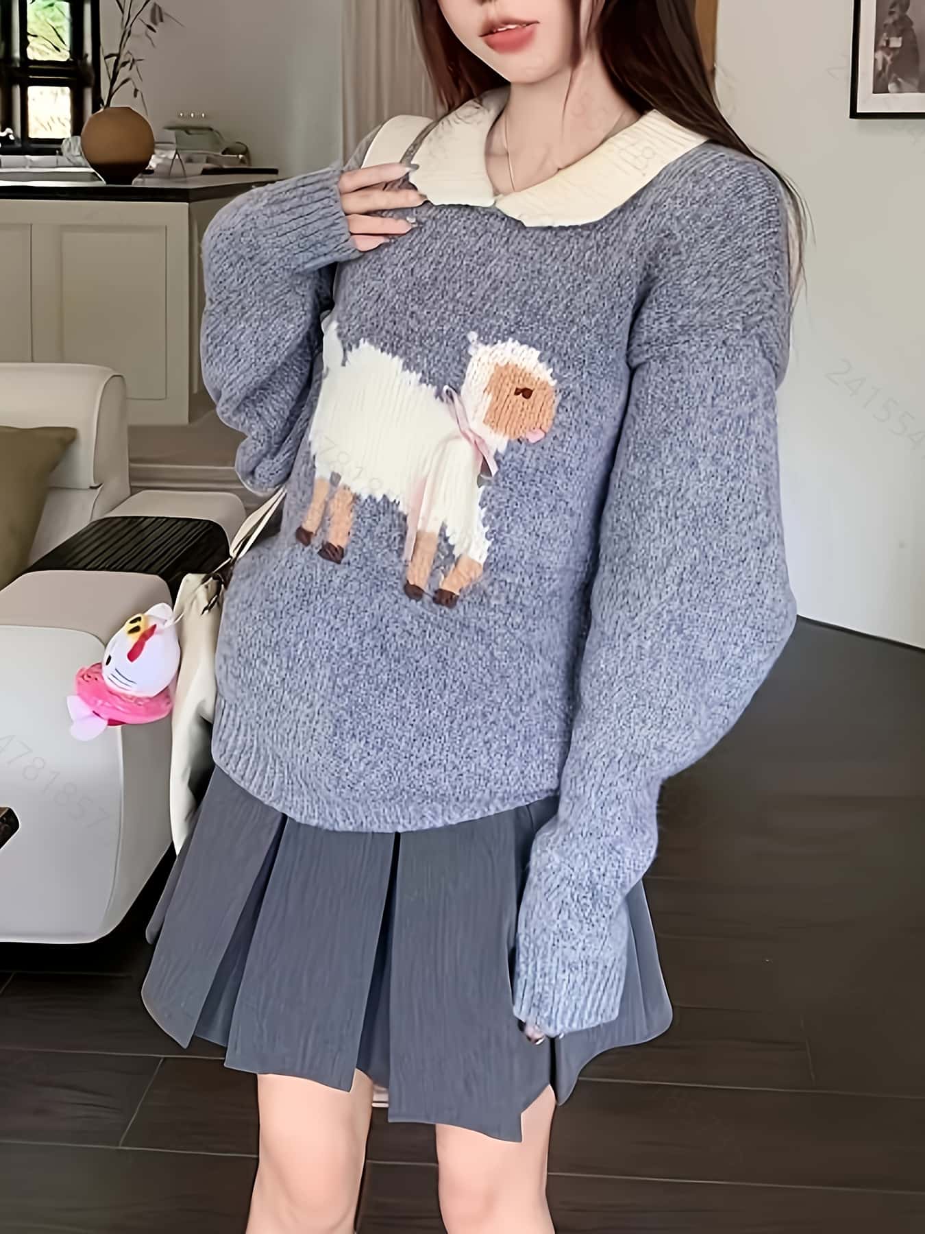 【羊モチーフ】襟付き ニット セーター レディース トップス 長袖 プルオーバー 付け襟風 刺繍 アニマル柄 ゆるニット オーバーサイズ ビッグシルエット ボリューム袖 バルーン袖 厚手 体型カバー 着痩せ 華奢見え 大人可愛い ガーリー レトロ 韓国風 カジュアル 秋 冬