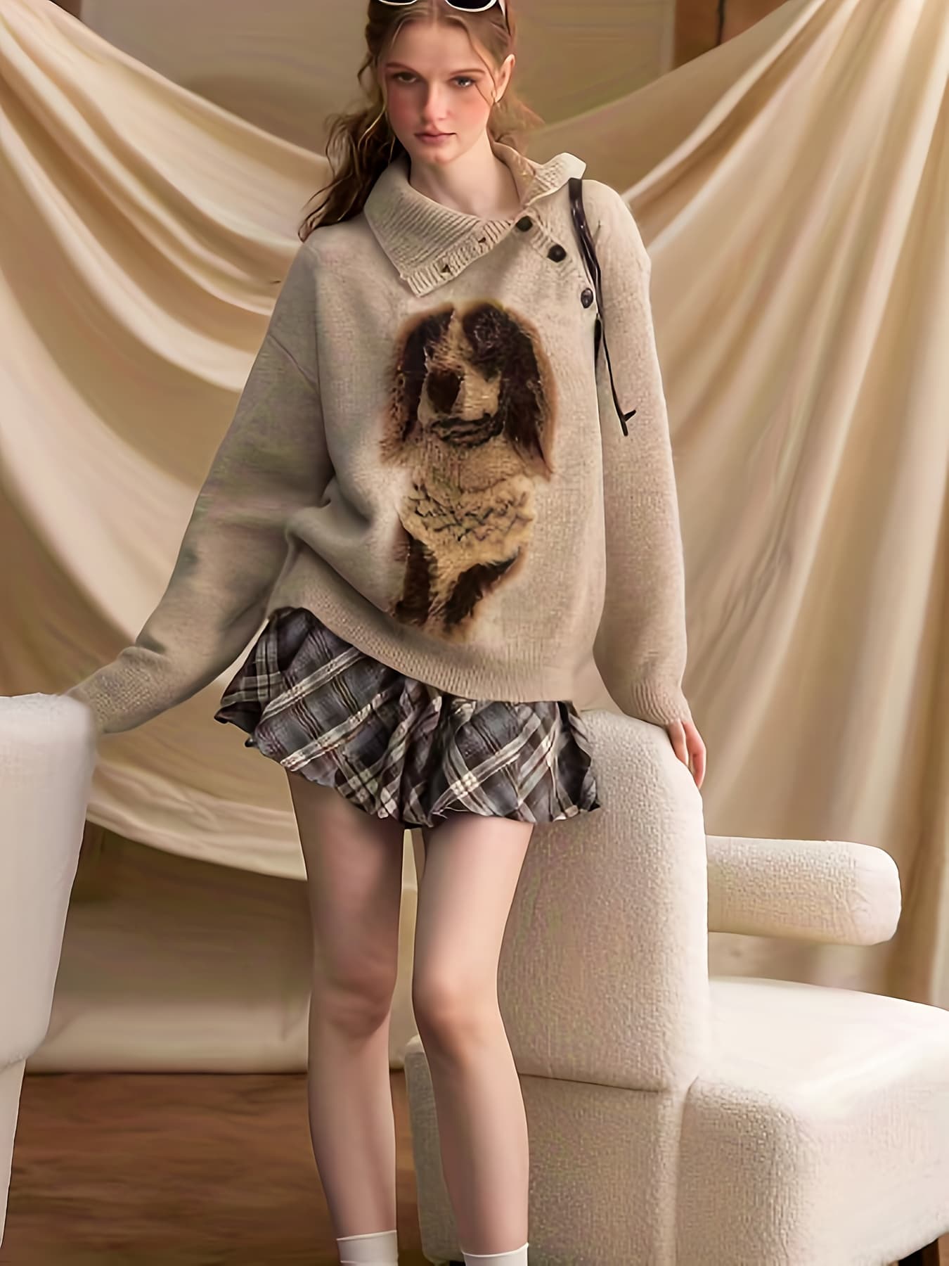 【犬柄×変形襟】ニット セーター レディース トップス プルオーバー 犬 いぬ アニマル ドッグ プリント 襟付き ハイネック ボタン 変形デザイン オーバーサイズ ビッグシルエット ゆったり 体型カバー 着痩せ 細見え 厚手 暖かい 防寒 柔らかい カジュアル 大人可愛い