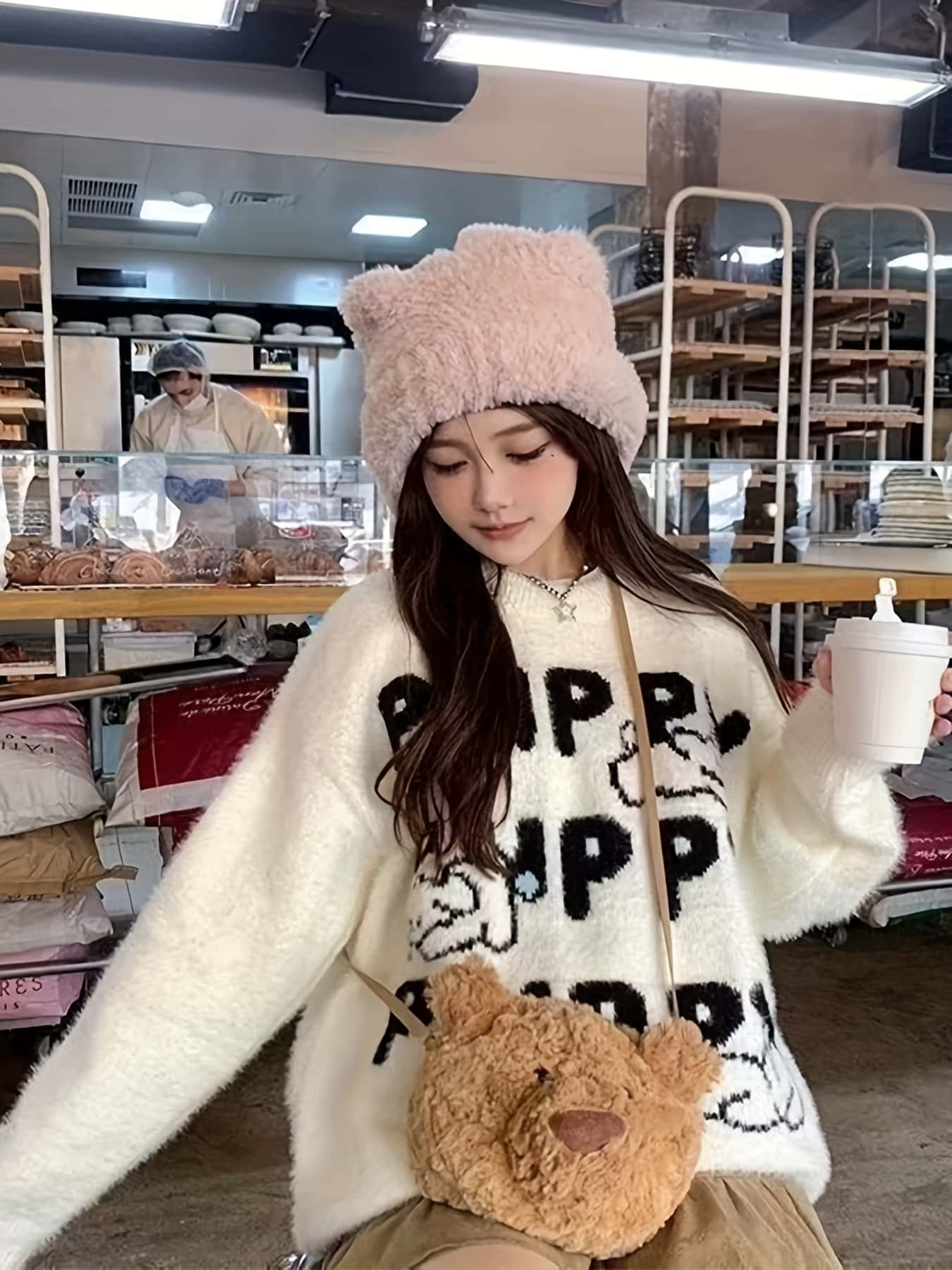 【25%OFFクーポンあり】ニット セーター レディース トップス シャギーニット クルーネック 丸首 オーバーサイズ ビッグシルエット 英字 ロゴ プリント アニマル 犬 キャラクター 長袖 ゆったり 体型カバー 二の腕カバー 着痩せ 柔らかい もこもこ ふわふわ 暖かい 防寒 厚手｜Yokos 8,427円