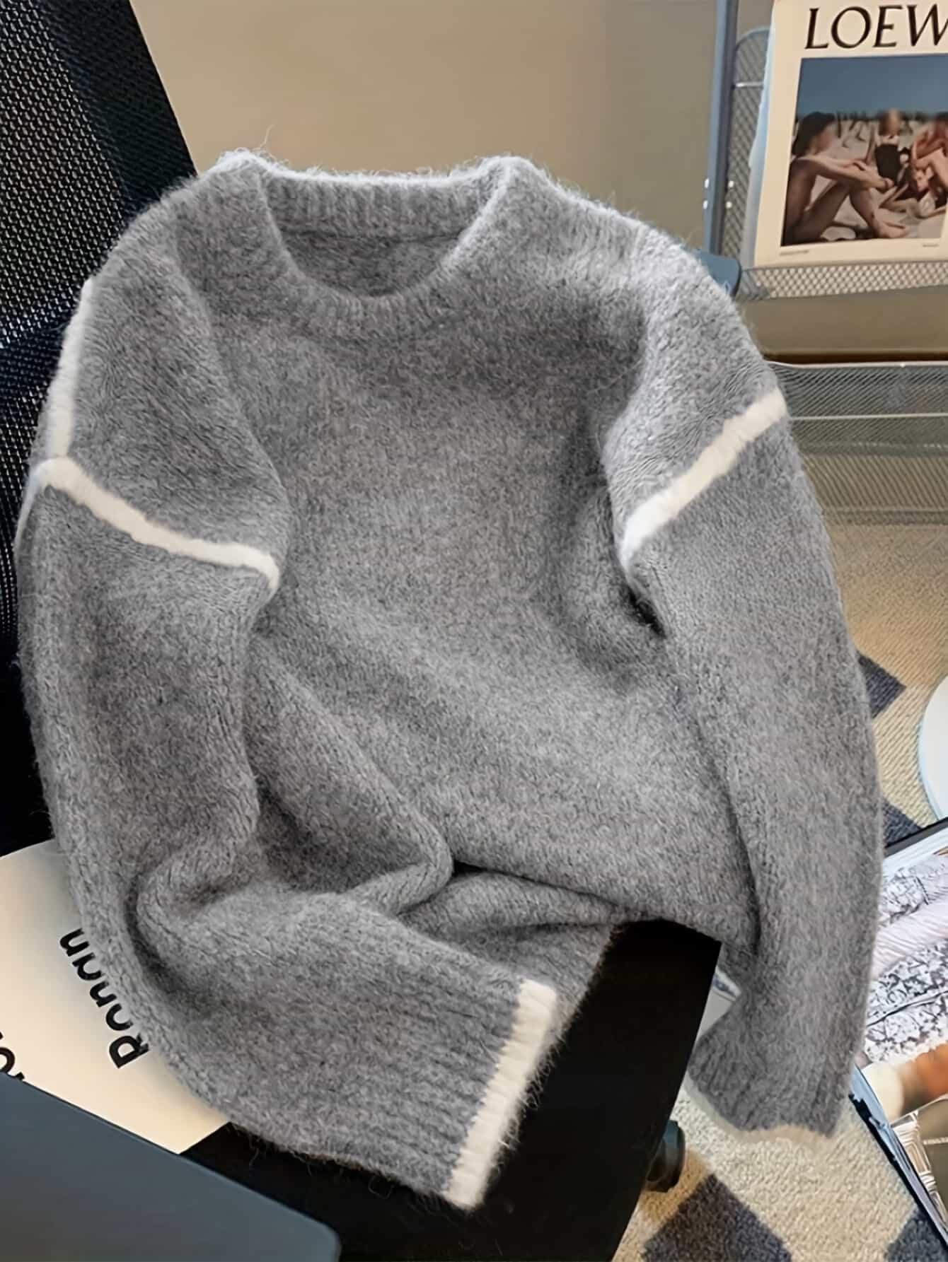 【配色ライン】ニット セーター レディース シャギーニット モヘアタッチ クルーネック ゆるニット プルオーバー トップス 柔らかい 暖か 長袖 丸首 ビッグシルエット オーバーサイズ ゆったり 体型カバー 着痩せ 二の腕カバー 大人可愛い きれいめ カジュアル