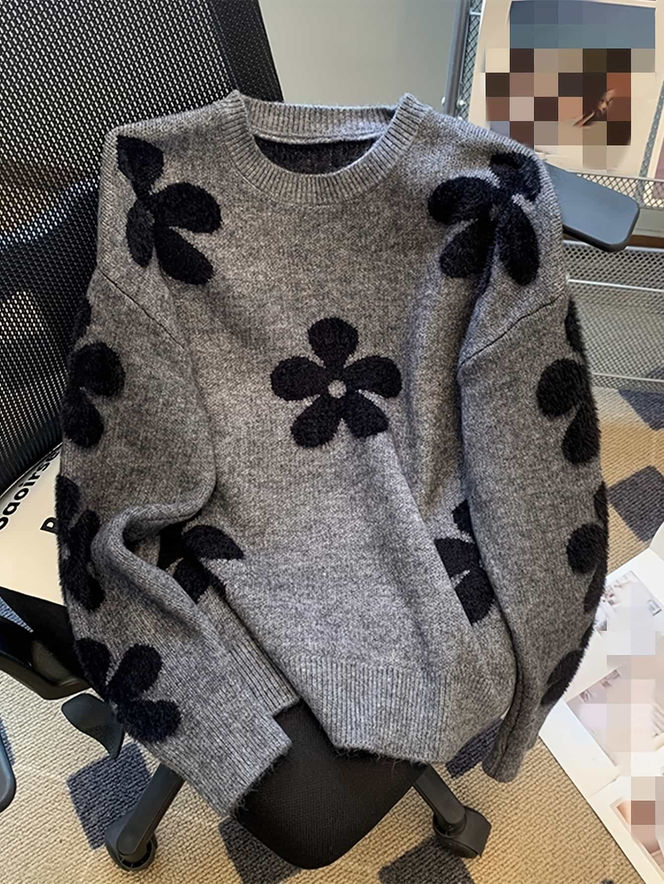 【レトロ可愛い】セーター レディース ニット 花柄 フラワー トップス プルオーバー クルーネック 丸首 長袖 総柄 オーバーサイズ ゆったり 暖かい 防寒 秋冬 大人可愛い カジュアル きれいめ 韓国ファッション 部屋着 オフィス 通勤 体型カバー 着痩せ 楽ちん