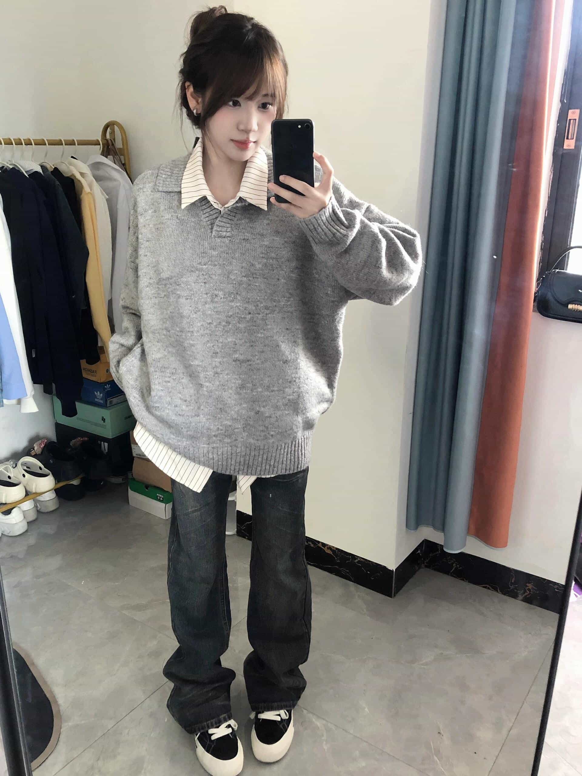【ポロ襟ニット】セーター レディース 襟付き スキッパー 襟 長袖 オーバーサイズ ゆったり ゆる トップス チュニック プルオーバー 無地 グレー 灰色 ビッグシルエット 体型カバー 華奢見え 抜け感 二の腕カバー 楽ちん トラッド プレッピー 学院風 カジュアル