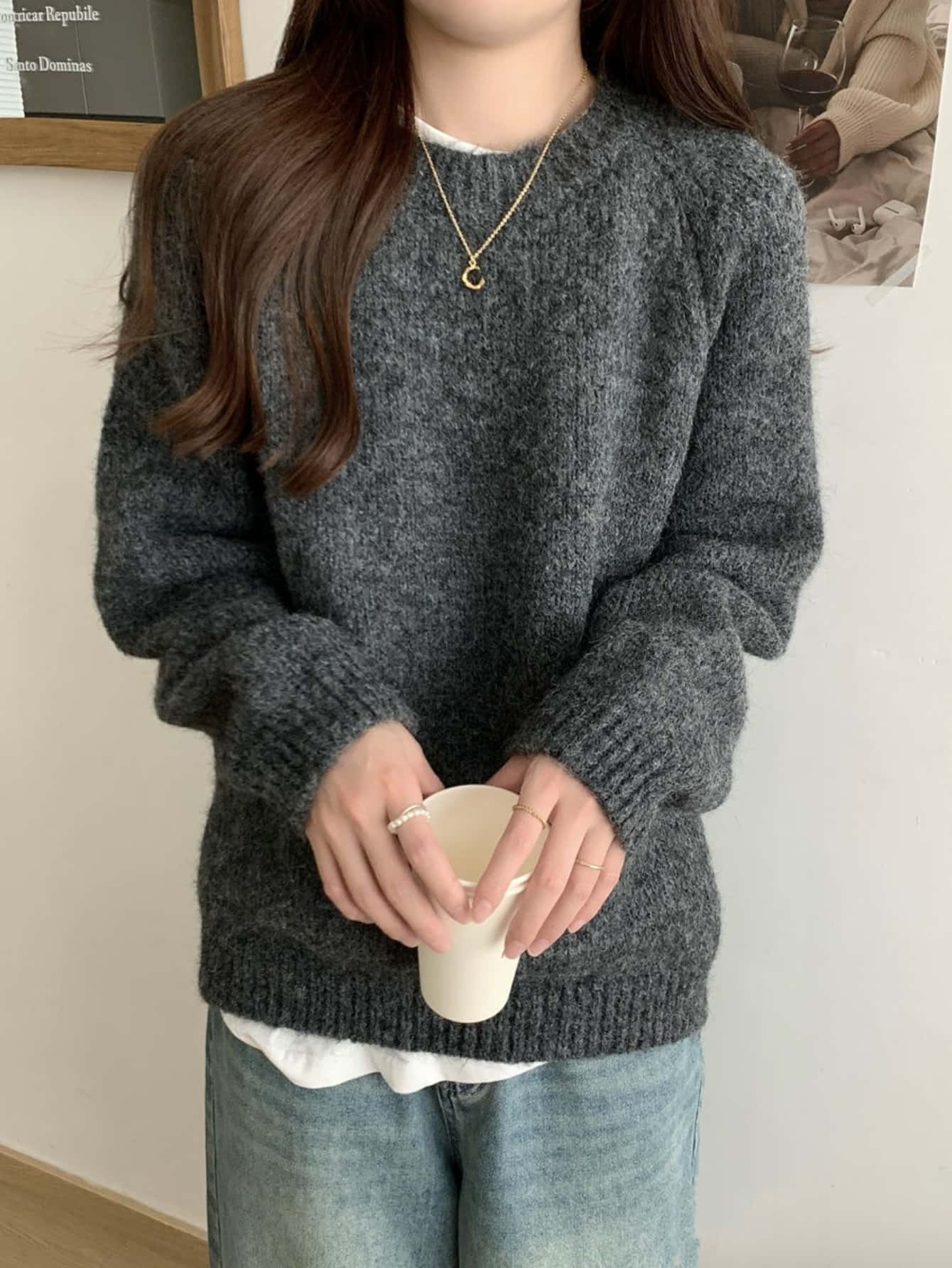 【もっちり柔らか】ニット セーター レディース トップス クルーネック 丸首 長袖 プルオーバー ゆったり 体型カバー 着痩せ 華奢見え 暖かい あったか 防寒 秋冬 メランジ カジュアル きれいめ オフィス 通勤 シンプル 二の腕カバー 大人可愛い 楽ちん 重ね着