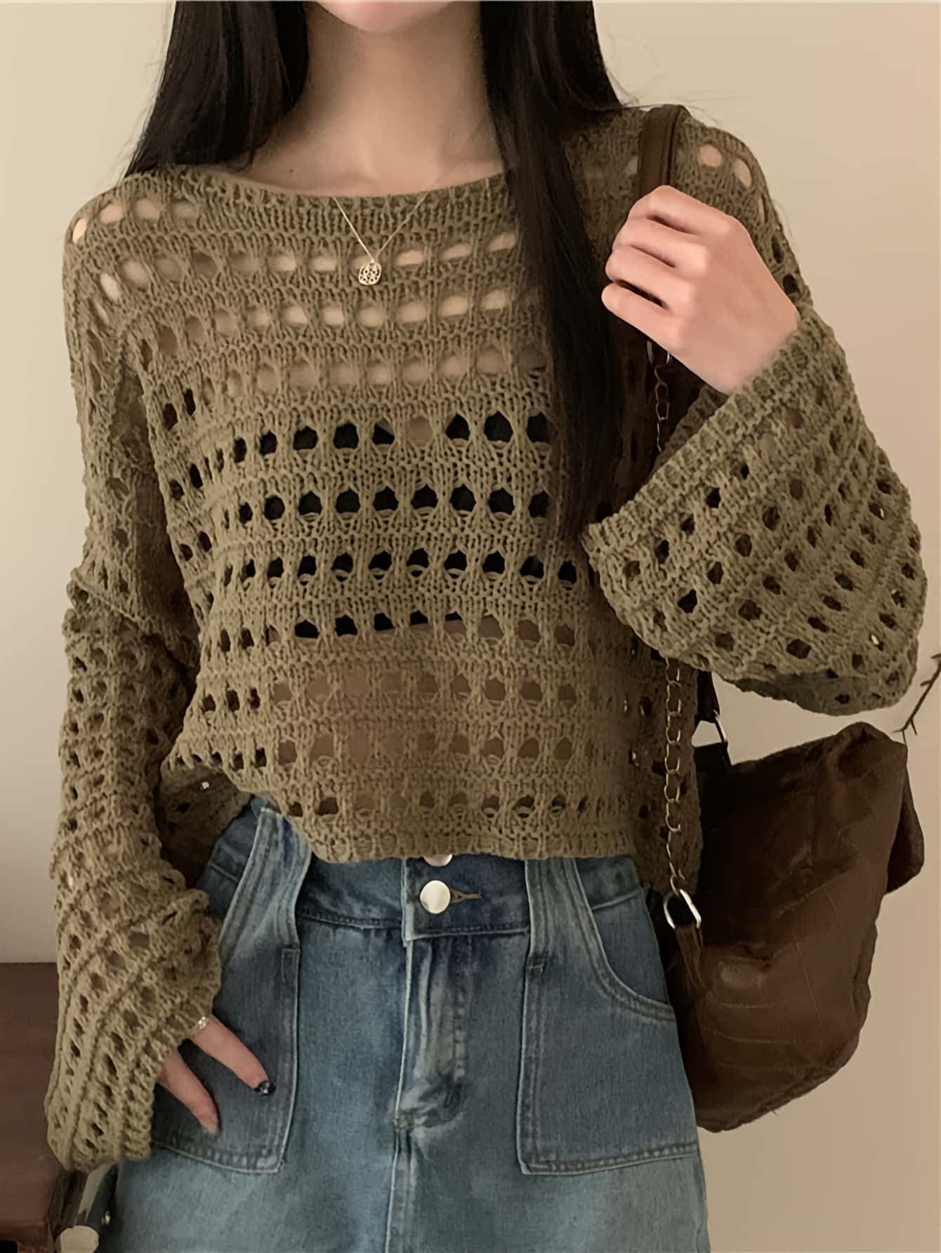 【透け感シアー】 サマーニット レディース 透かし編み ニット トップス メッシュニット セーター 長袖 かぎ針編み ネットニット ゆったり 体型カバー 二の腕カバー 着痩せ 細見え クルーネック ボートネック 無地 冷房対策 紫外線対策 重ね着 大人可愛い きれいめ