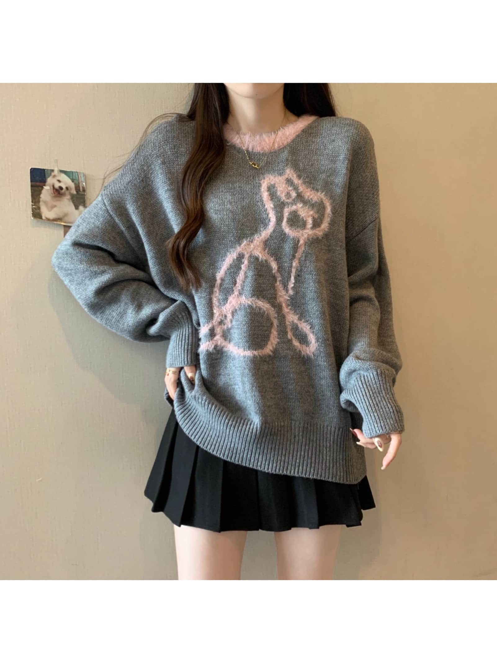 【大人可愛い】ニット セーター レディース 大きいサイズ トップス クルーネック 丸首 長袖 アニマル 犬 いぬ 配色 バイカラー ビッグシルエット オーバーサイズ ゆったり 体型カバー 着痩せ 細見え 暖かい 防寒 厚手 チュニック丈 秋冬 秋 冬 カジュアル プルオーバー｜Yokos