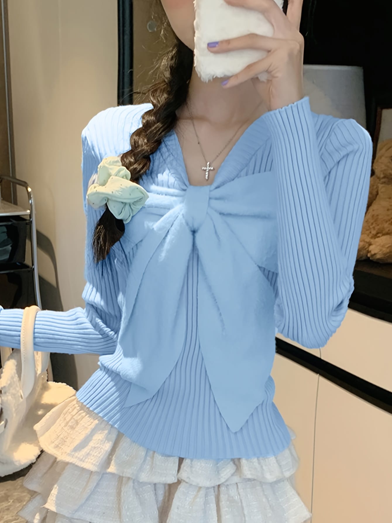 リボン ニット レディース セーター トップス フロントリボン Vネック 長袖 リブニット プルオーバー チュニック インナー タイト スリム 細見え 着痩せ 体型カバー もっちり 柔らかい カシミアタッチ 伸縮性 ストレッチ フェミニン 大人可愛い きれいめ オフィス 通勤