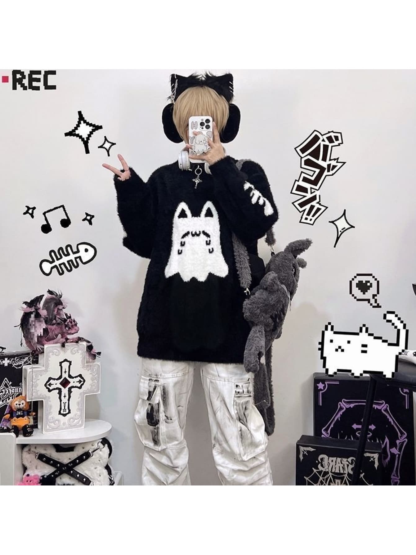 猫 おばけ セーター レディース ニット トップス 長袖 丸首 オーバーサイズ ビッグシルエット ゆったり 厚手 暖かい 秋冬 シャギーニット ふわふわ もこもこ 猫耳 ゴースト 可愛い 地雷系 量産型 サブカル y2k ストリート 韓国 体型カバー 華奢見え 着痩せ 大きめ 通学｜Yokos
