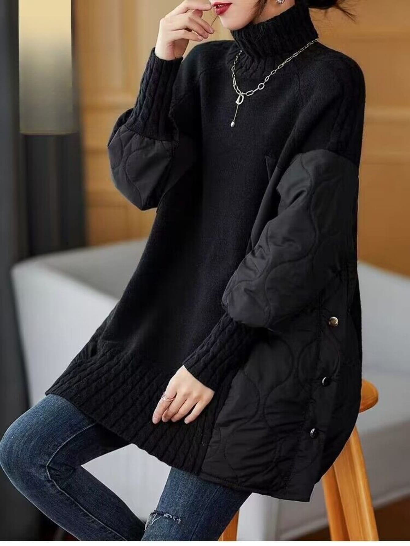 【異素材キルティング】ニット セーター レディース タートルネック ケーブルニット ハイネック 切り替え トップス プルオーバー チュニック丈 長袖 暖か あったか 中綿 ゆったり 大きいサイズ オーバーサイズ 体型カバー 着痩せ お尻隠れる サイドボタン カジュアル