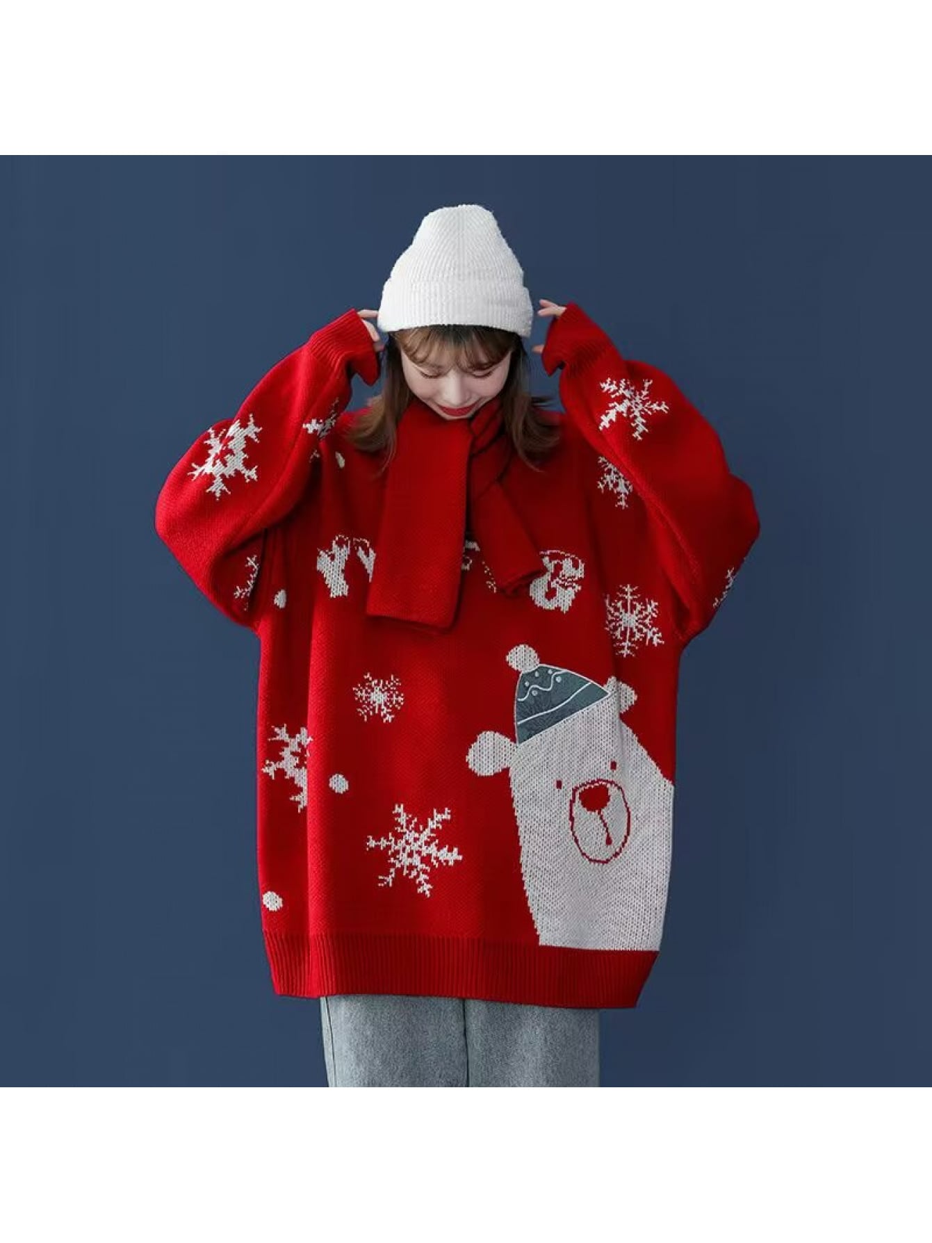 【クリスマス】 セーター レディース メンズ ニット クリスマスセーター シロクマ 雪の結晶柄 厚手 オーバーサイズ ビッグシルエット ゆったり トップス 長袖 チュニック プルオーバー クルーネック 丸首 韓国ファッション ペアルック ユニセックス お揃い カップル