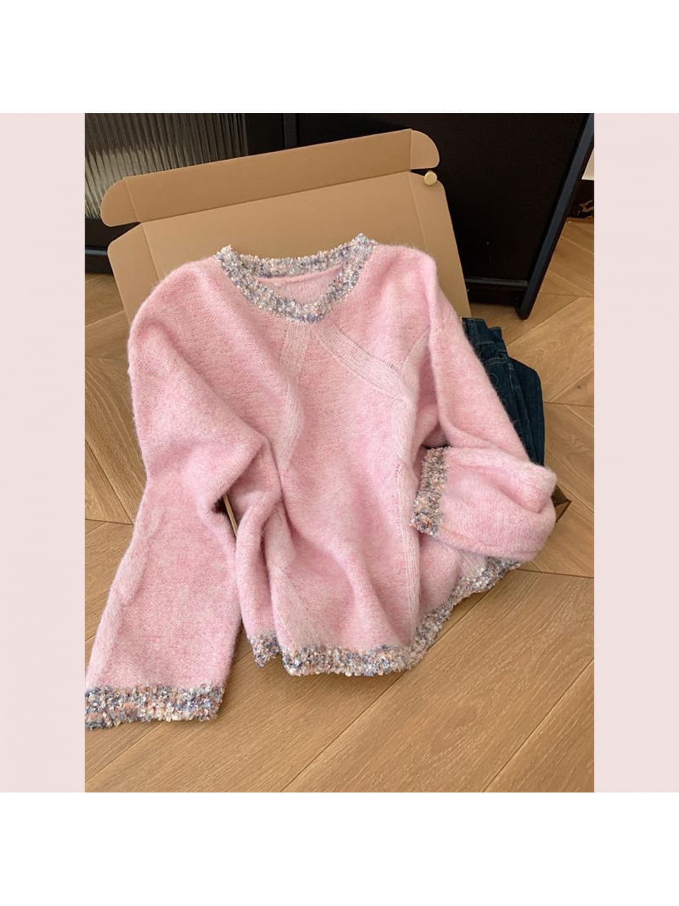 ニット セーター レディース シャギーニット フェザーニット アルパカタッチ もこもこ ふわふわ 暖か トップス プルオーバー 長袖 クルーネック 丸首 オーバーサイズ ゆったり ビッグシルエット 体型カバー 華奢見え 二の腕カバー 配色 切り替え ピンク 大人可愛い