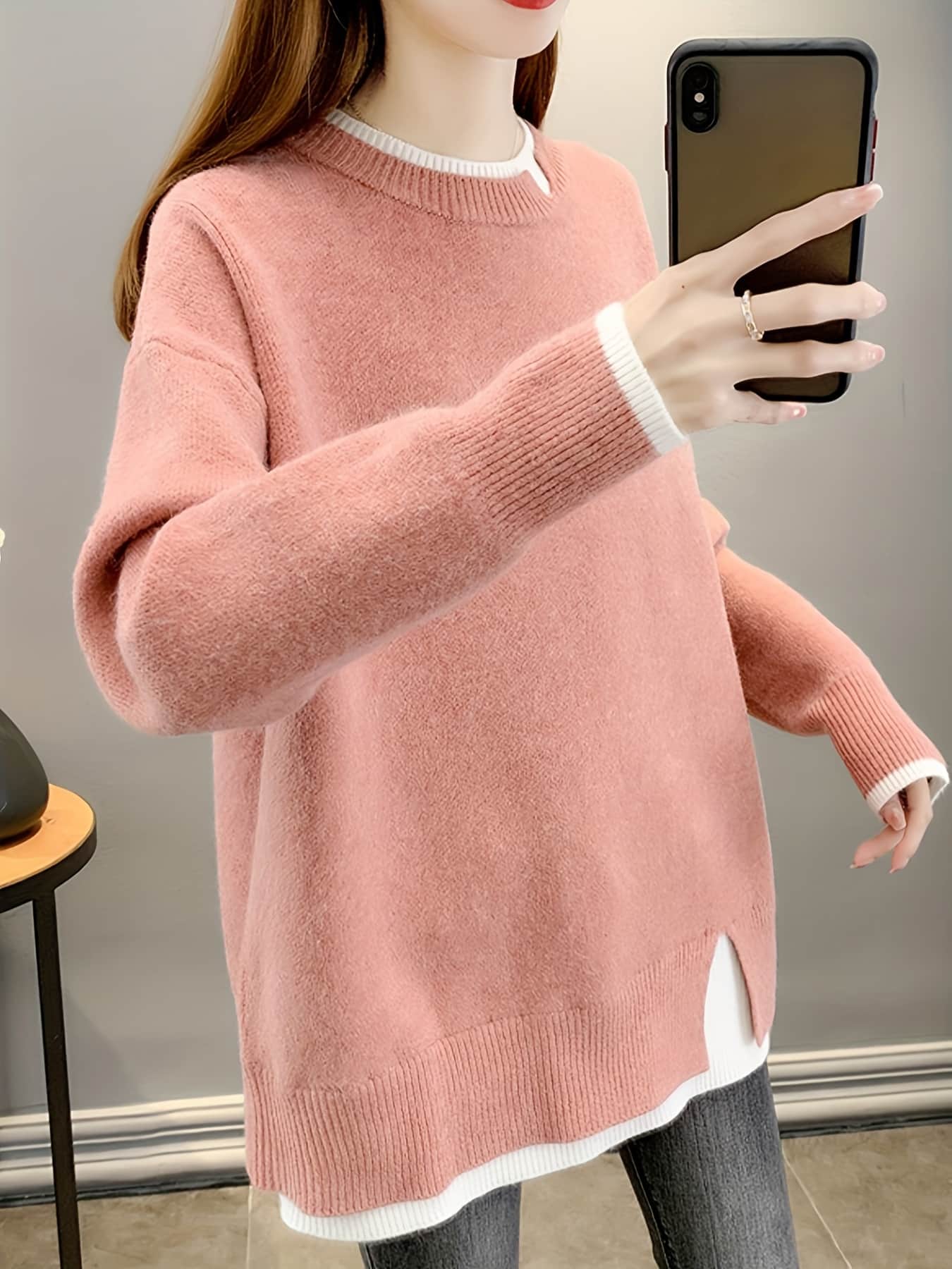 【重ね着風】 ニット セーター レディース トップス 長袖 クルーネック 丸首 プルオーバー レイヤード風 サイドスリット チュニック丈 ゆったり ビッグシルエット 体型カバー お尻隠れる 二の腕カバー 着痩せ 細見え 柔らかい 伸縮性 ストレッチ 秋 冬 春 カジュアル