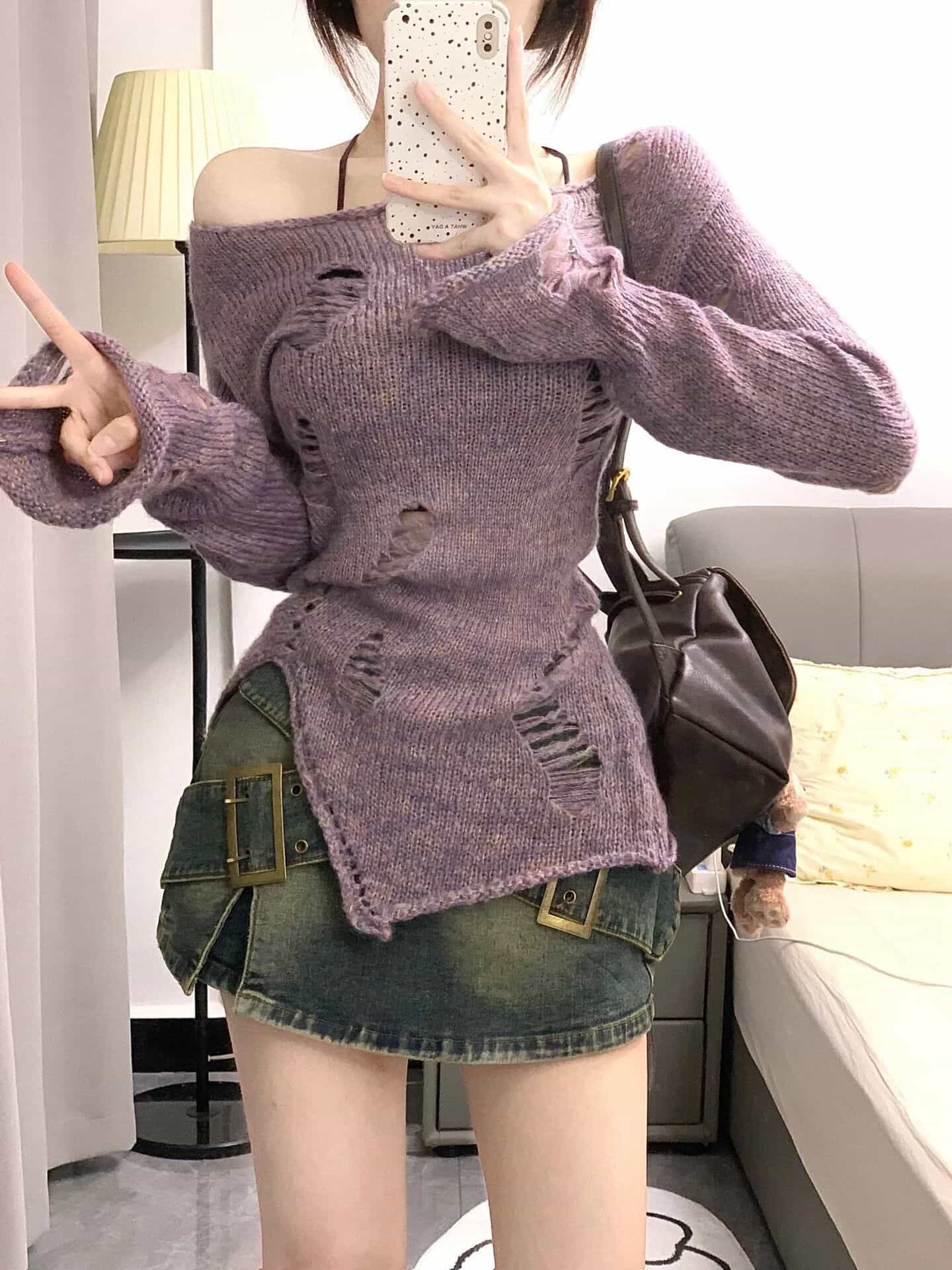 【ダメージ加工】 ニット レディース セーター トップス ダメージニット クラッシュ 透かし編み オフショル オフショルダー 肩出し アシメ 不規則 裾 長袖 変形 体型カバー 着痩せ 細見え 華奢見え 抜け感 パープル 紫 Y2K 地雷系 パンク カジュアル セクシー 秋 冬 春