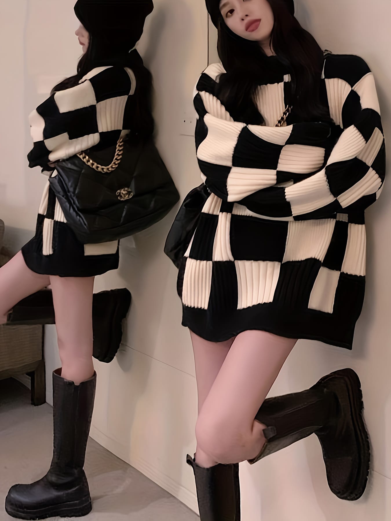 【レトロ可愛い】 チェッカー柄 ニット セーター レディース トップス ブロックチェック 市松模様 ハイネック ボトルネック オーバーサイズ ビッグシルエット ゆったり プルオーバー チュニック 長袖 厚手 ゆるニット 体型カバー 着痩せ 細見え お尻が隠れる