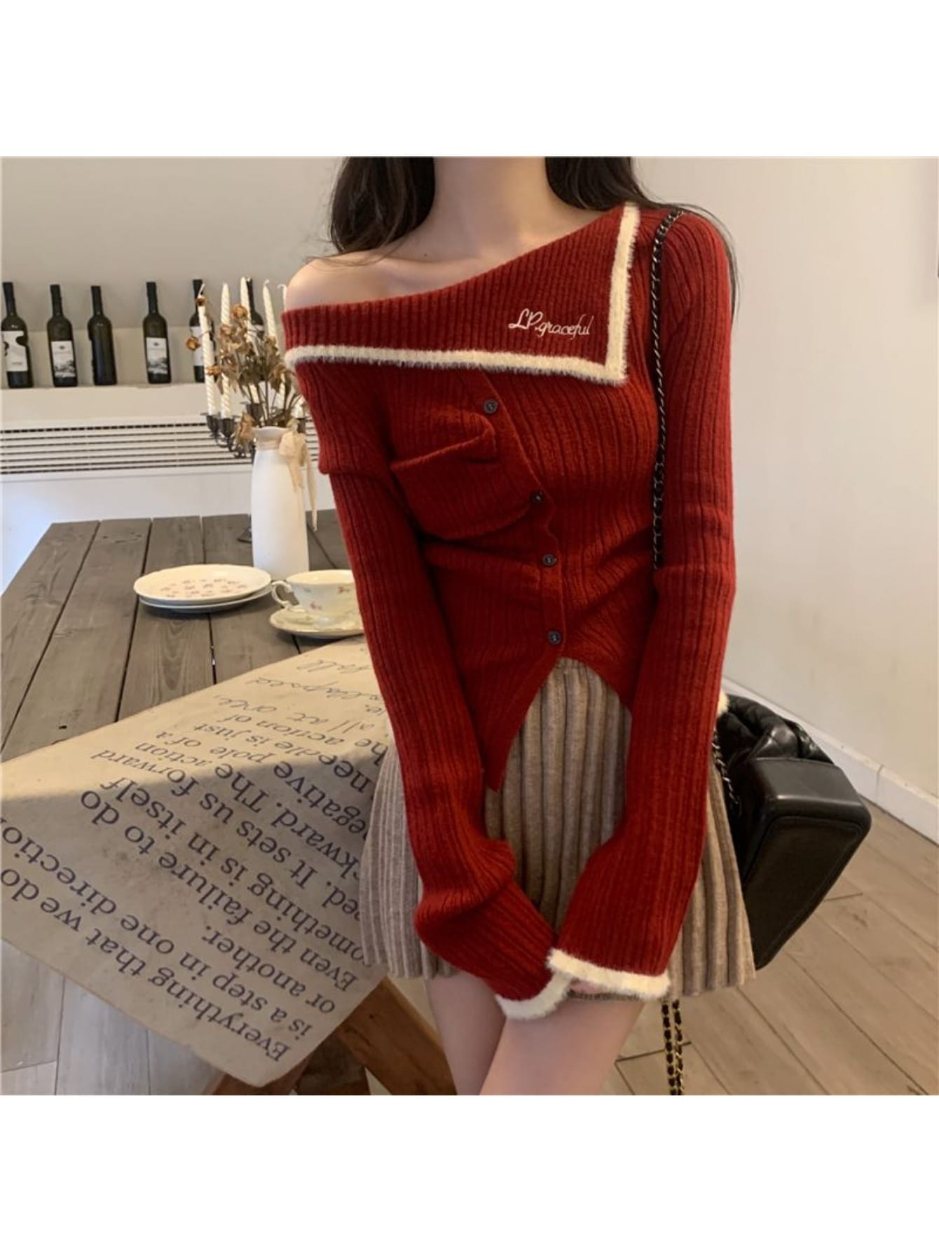 【アシンメトリー】 ニット レディース トップス 長袖 肩出し オフショルダー セーター リブニット 配色 アシメ 襟付き タイト スリム カットソー プルオーバー 伸縮性 細見え 着痩せ デコルテ 鎖骨見え 華奢見え クリスマス デート お出かけ 女子会 通勤 OL|Yokos