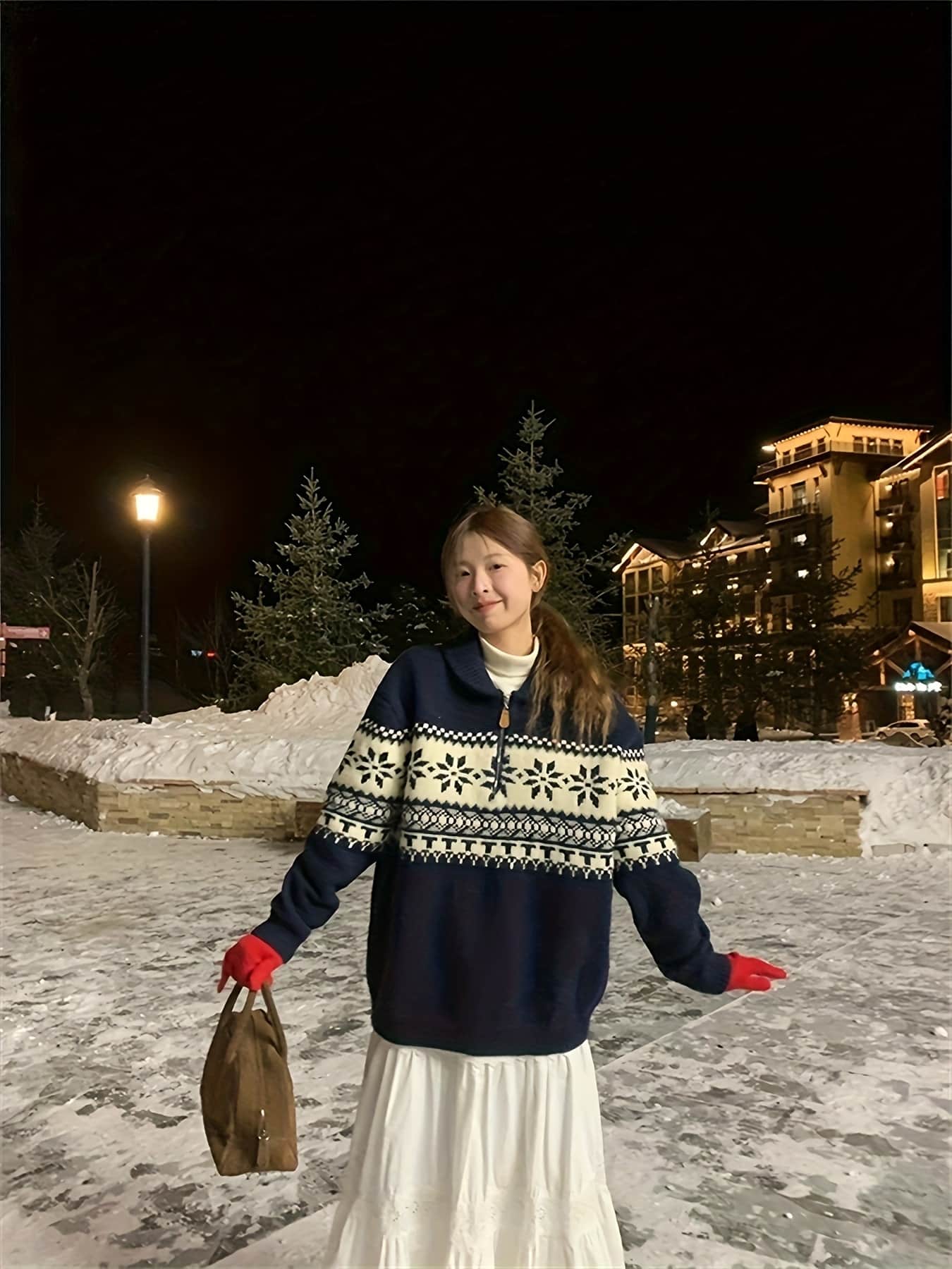 【ハーフジップ】ノルディック柄 セーター ニット レディース フェアアイル プルオーバー トップス ハイネック ジャガード 雪の結晶柄 レトロ 長袖 ゆったり オーバーサイズ ビッグシルエット 体型カバー 着痩せ 華奢見え 厚手 暖かい 防寒 柔らかい カジュアル