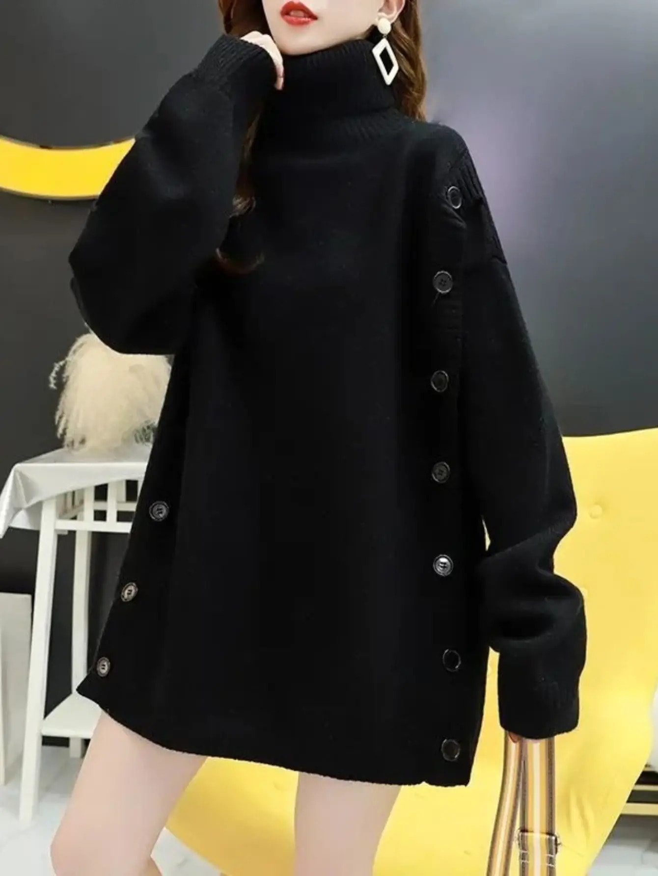 【サイドボタン】 ニット セーター レディース タートルネック ハイネック トップス 長袖 プルオーバー オーバーサイズ ビッグシルエット チュニック ゆったり 体型カバー 着痩せ 細見え 小顔効果 暖かい リブ 秋 冬 秋冬 きれいめ 大人可愛い カジュアル オフィス