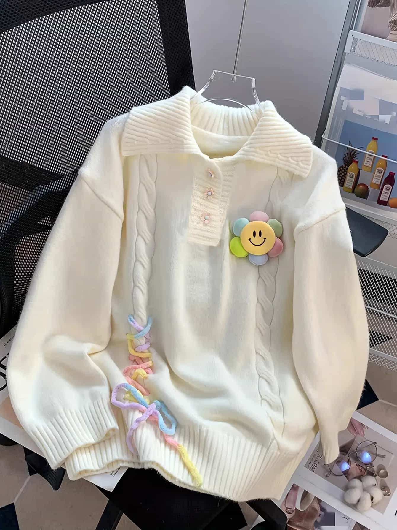 【大人可愛い】ケーブルニットセーターレディースポロ襟トップスハーフボタン襟付きプルオーバーケーブル編みレースアップ紐リボン花フラワービッグシルエットオーバーサイズゆったり長袖厚手暖かい防寒ゆるニット体型カバー華奢見え韓国秋冬秋服冬服カジュアルガーリー
