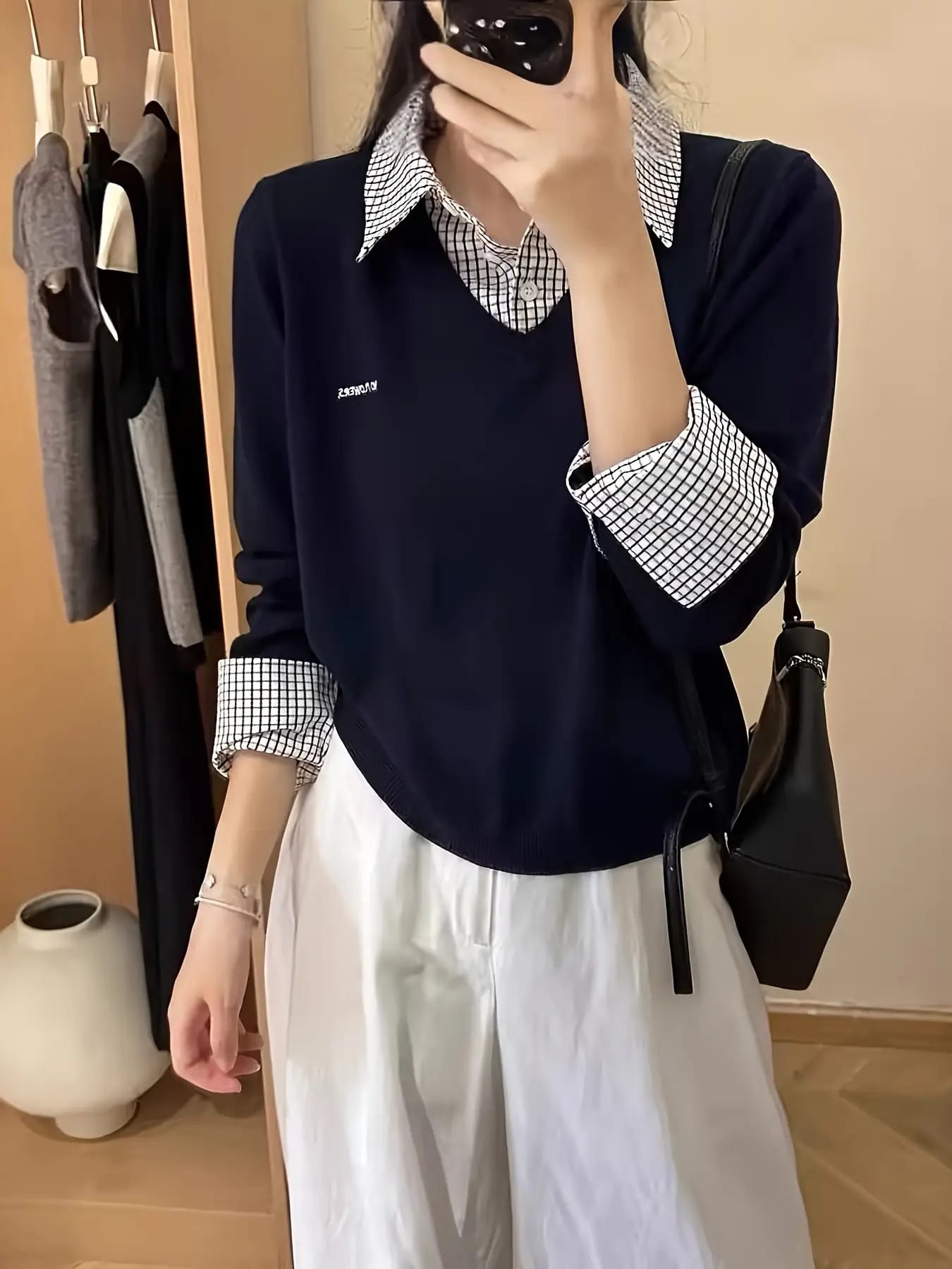 【重ね着風】レイヤード トップス レディース Vネック チェック柄 襟付き 切り替え プルオーバー トレーナー スウェット チュニック 長袖 シャツ 異素材 刺繍 ワンポイント ゆったり 体型カバー 着痩せ 細見え 楽ちん 20代 30代 40代 50代 ママ 春 秋 冬 オフィス 通勤