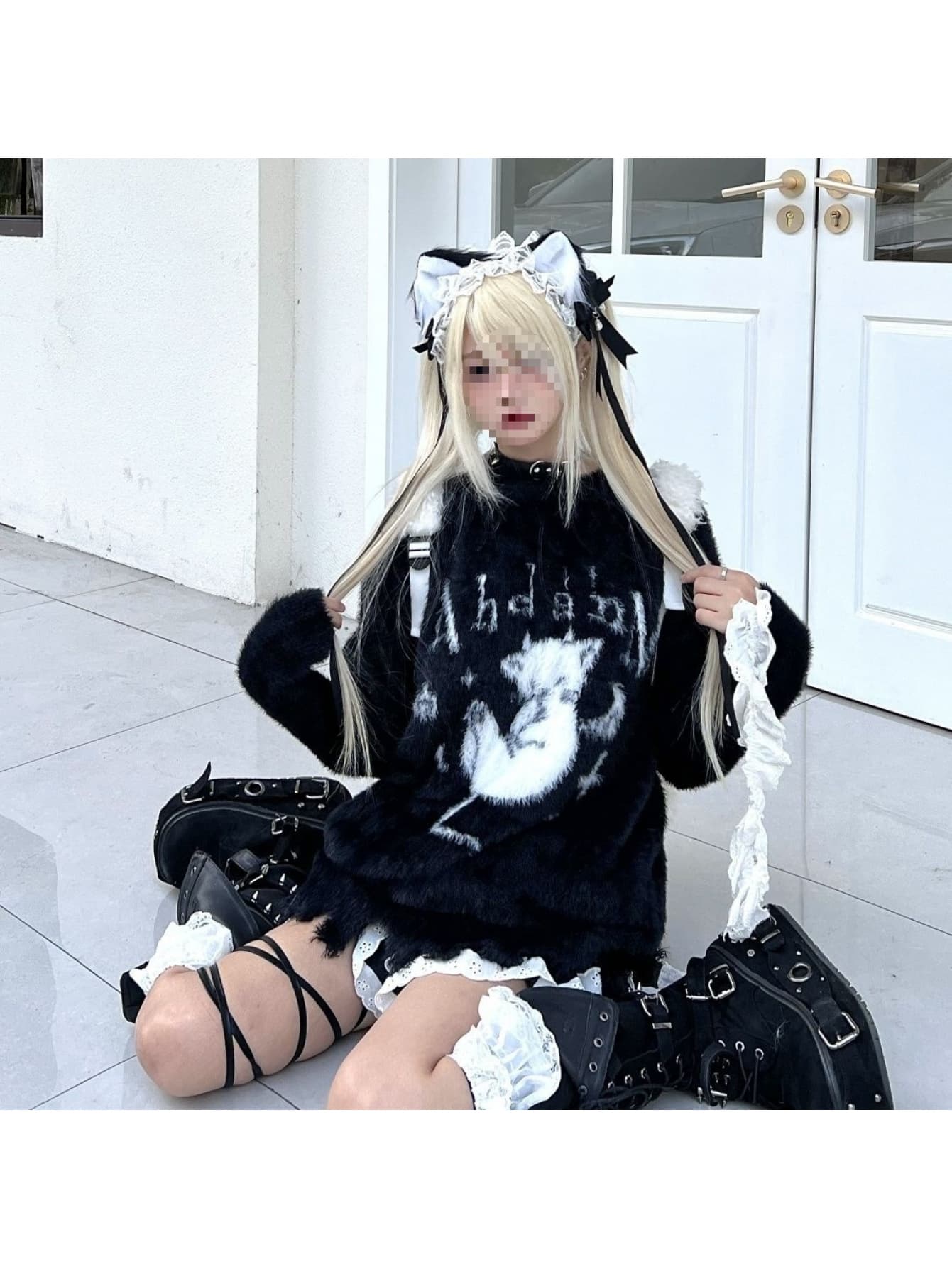 【地雷系】ニット セーター レディース 猫柄 シャギーニット トップス ダメージ加工 オーバーサイズ ゆったり ネコ ねこ キャット クルーネック 長袖 プルオーバー チュニック丈 フェザーニット風 もこもこ ふわふわ 暖かい 防寒 厚手 クラッシュ ストリート サブカル