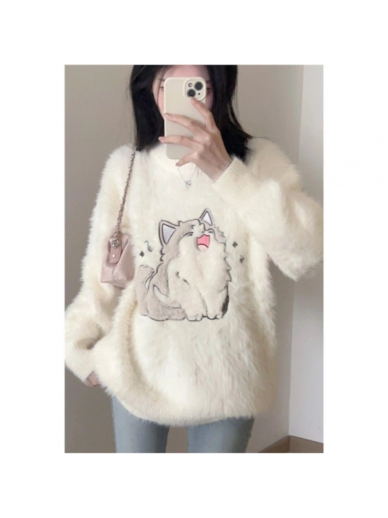 【ふわふわ猫ちゃん】ニット セーター レディース シャギーニット トップス 長袖 猫柄 アニマル 厚手 クルーネック 丸首 もこもこ プルオーバー チュニック 柔らかい 防寒 暖かい カジュアル 大人可愛い 韓国ファッション ゆったり オーバーサイズ 体型カバー