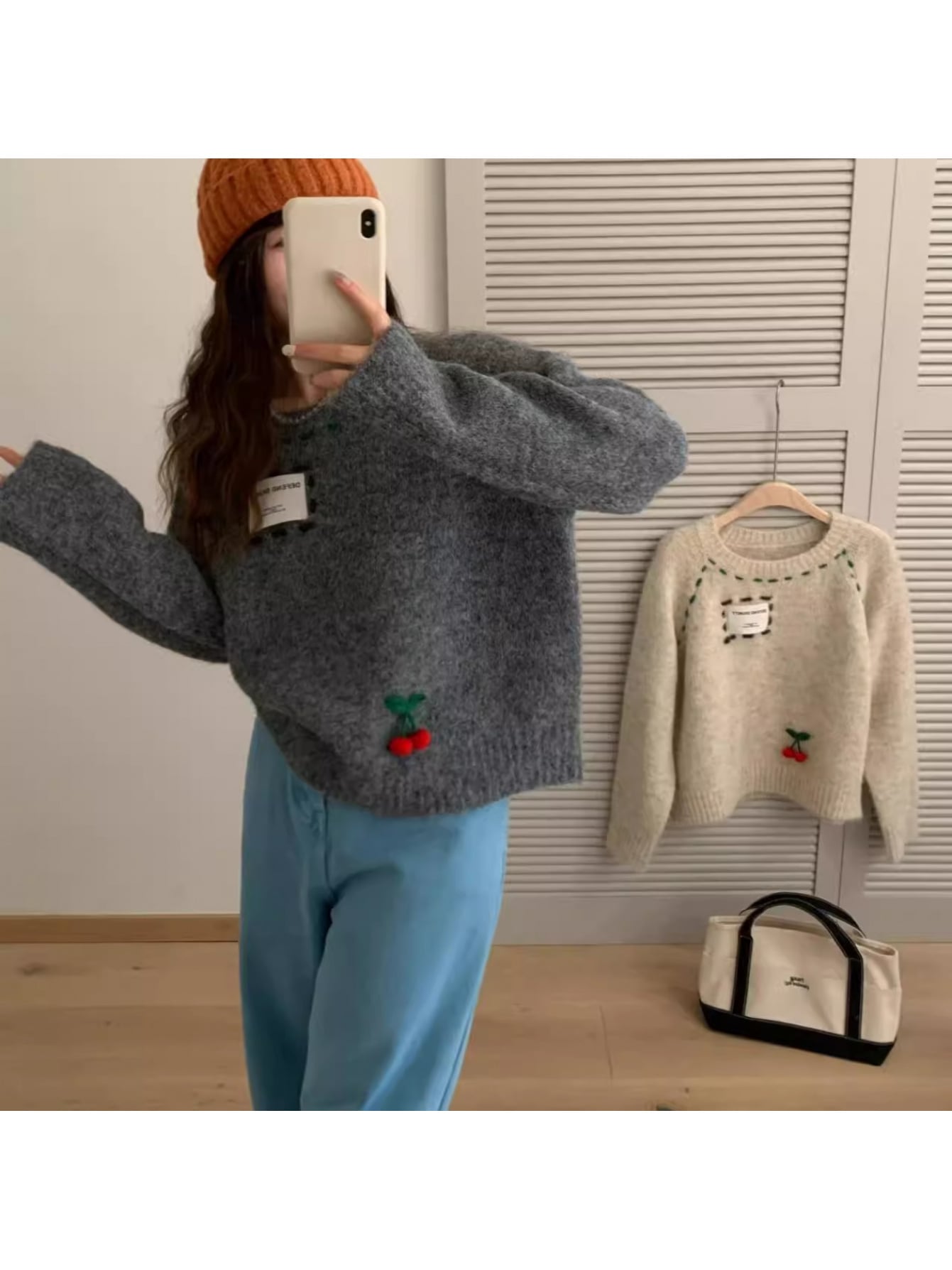 【さくらんぼ刺繍】ニット セーター レディース トップス 長袖 チェリー ワッペン ロゴ クルーネック 丸首 オーバーサイズ ビッグシルエット ゆるニット ゆったり 体型カバー 着痩せ 華奢見え 韓国風 ファッション レトロ カジュアル 暖かい 柔らかい 部屋着 デート