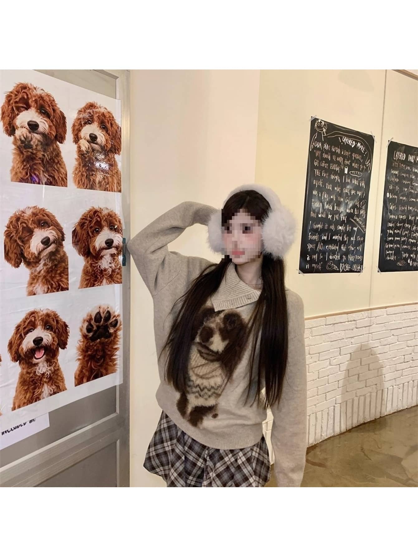【アニマル柄】ニット セーター レディース 犬 ドッグ プードル 襟付き ボタン ハイネック 長袖 プルオーバー ゆるニット オーバーサイズ ビッグシルエット ゆったり 体型カバー 着痩せ 暖か 防寒 秋冬 厚手 もこもこ ふわふわ 可愛い カジュアル レトロ 韓国風 通学