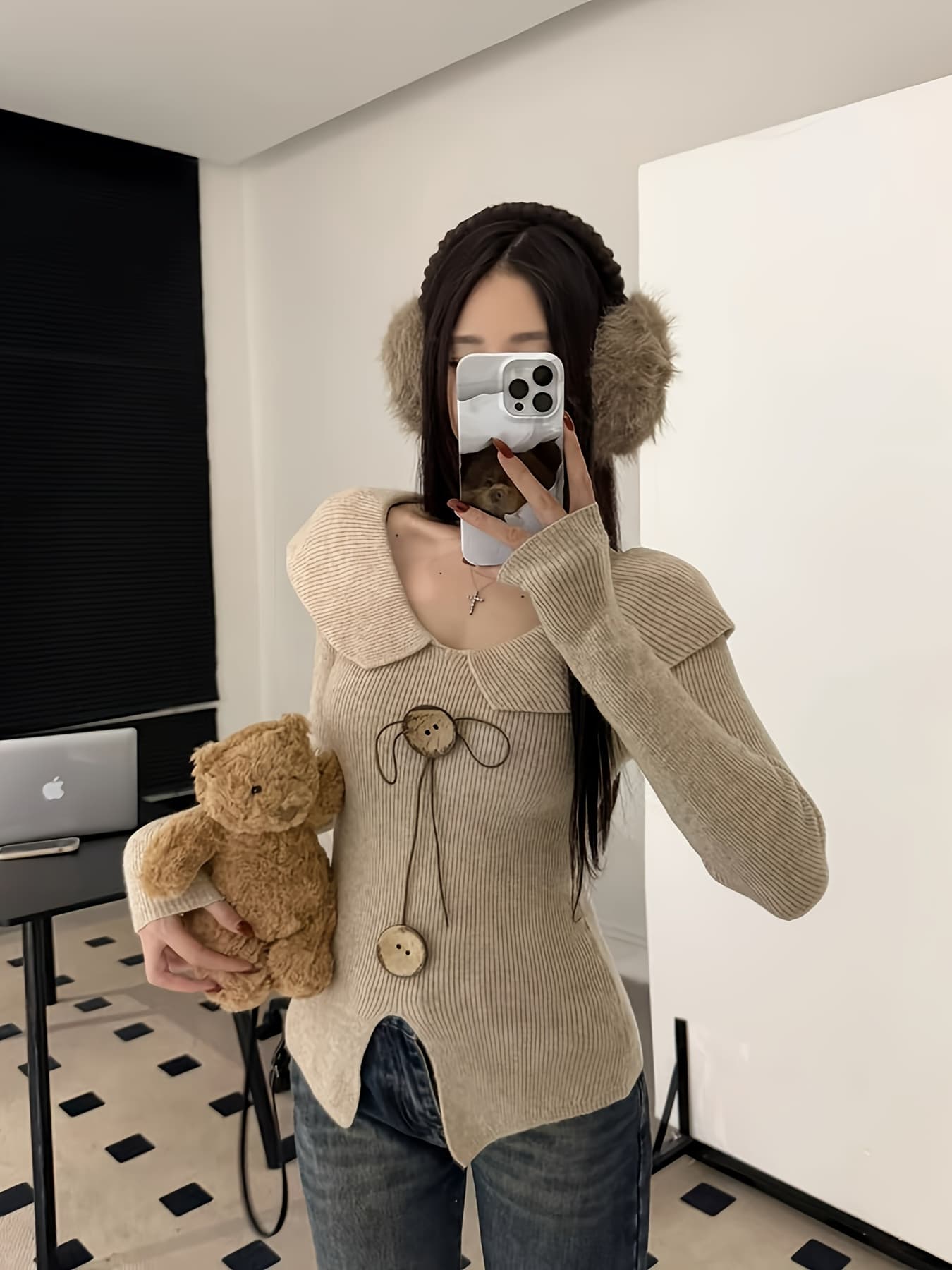 【アシンメトリー】 ニット トップス レディース 長袖 リブニット セーター 襟付き ビッグカラー 不規則 裾 変形 デザイン プルオーバー 2024 秋冬 伸縮性 ストレッチ タイト スリム 着痩せ 体型カバー 華奢見え 小顔 大人可愛い レトロ きれいめ カジュアル オフィス