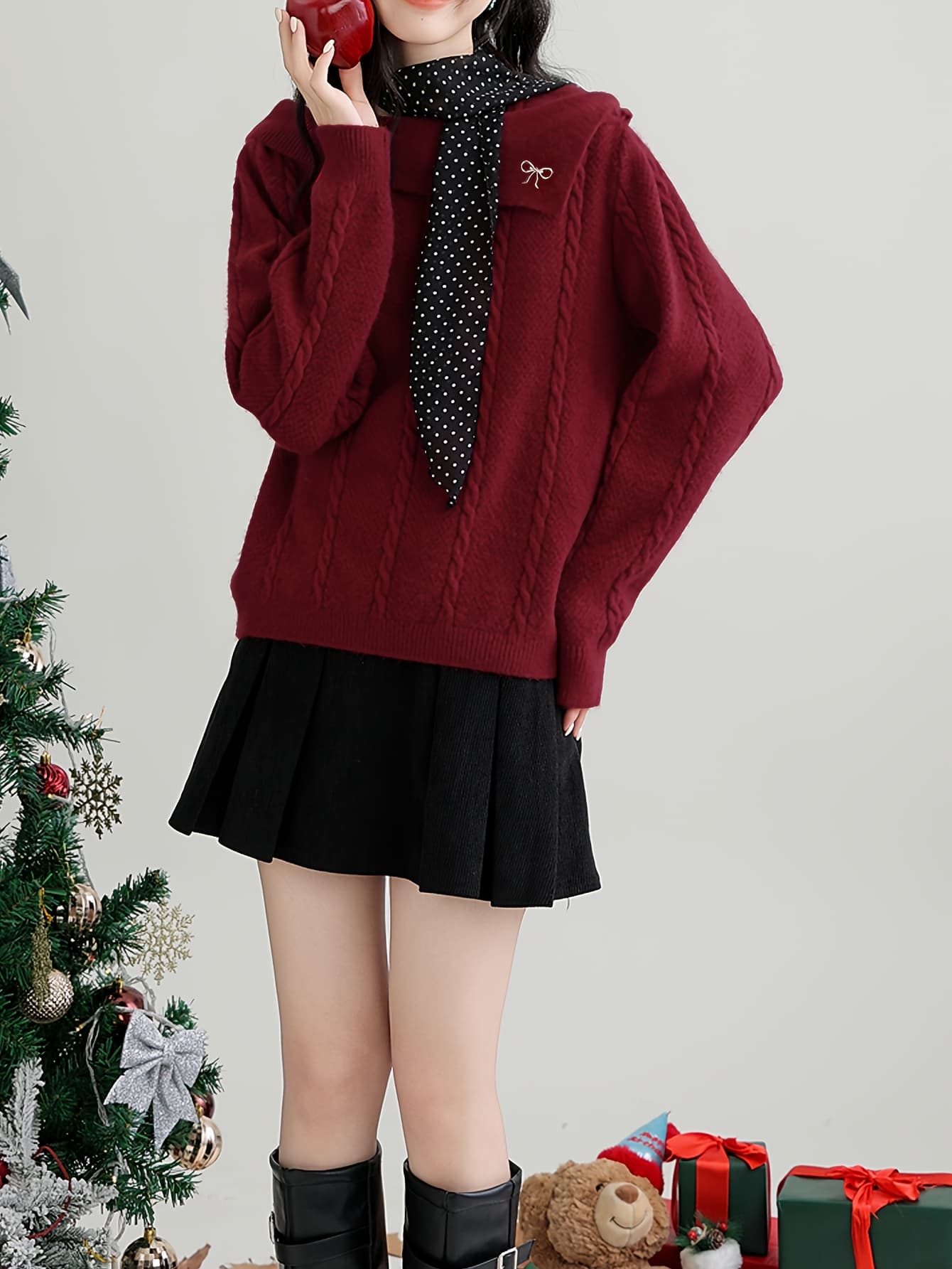 【大人可愛い】 クリスマス ニット レディース セーター ケーブル編み 襟付き アシンメトリー ビッグカラー リボン プルオーバー トップス 長袖 ケーブルニット 厚手 暖かい 体型カバー 着痩せ 華奢見え 二の腕カバー デート パーティー 女子会 イベント 秋 冬 秋冬 赤|Yokos
