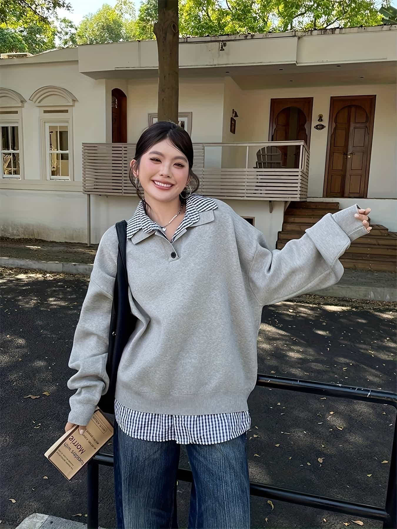 【レイヤード風】ポロシャツ ニット セーター レディース 襟付き ストライプ フェイクレイヤード プルオーバー トップス 重ね着風 長袖 チュニック ポロネック ハーフボタン ゆったり 大きいサイズ ビッグシルエット オーバーサイズ 体型カバー 華奢見え 着痩せ