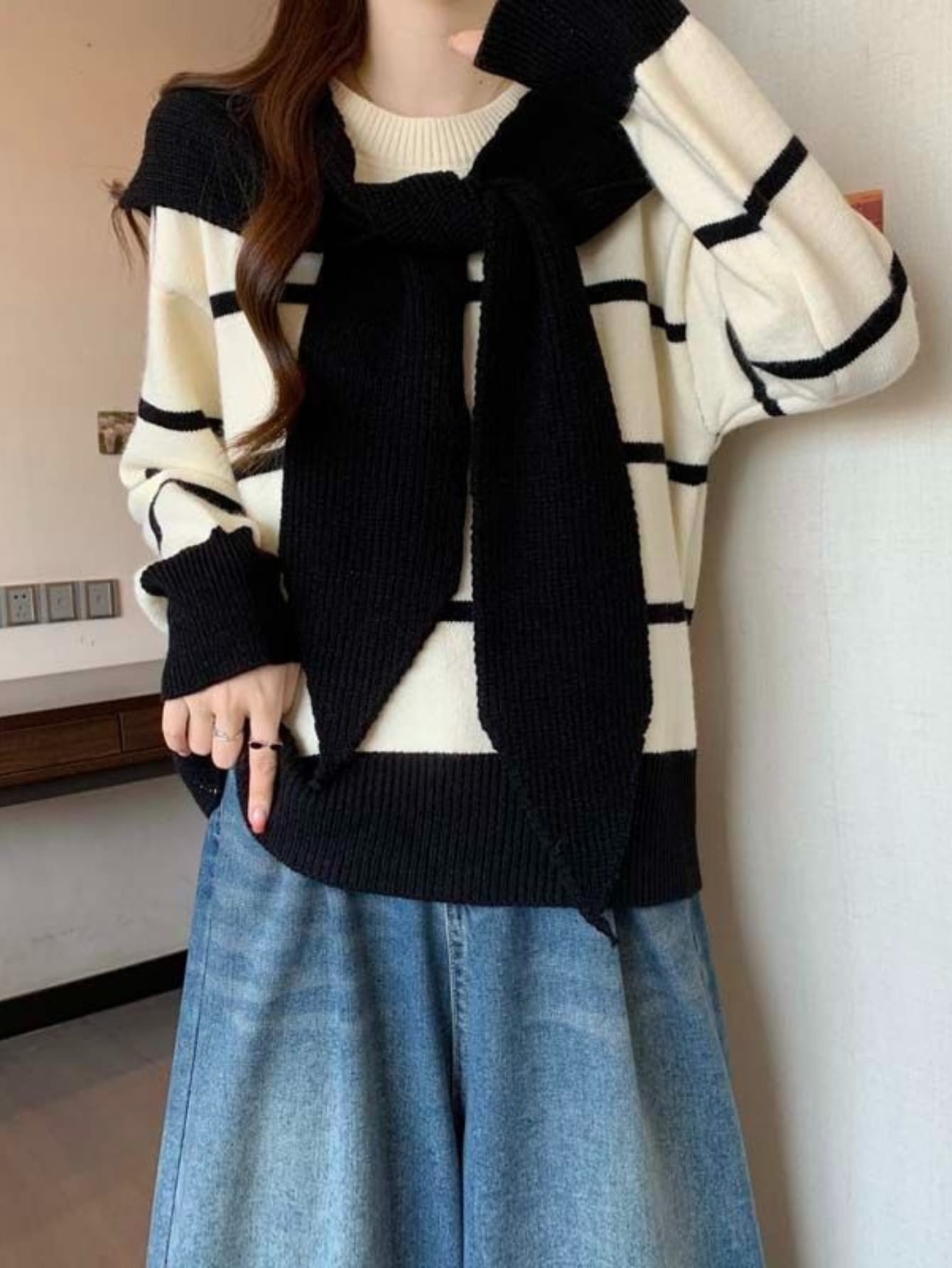 【ショール風】ボーダー ニット セーター レディース トップス 重ね着風 フェイクレイヤード 肩掛け クルーネック 長袖 縞々 カジュアル キレイめ 大人可愛い 体型カバー 着痩せ 二の腕カバー ゆるシルエット 秋冬 春 通勤 通学 オフィス ママ 20代 30代 40代 50代