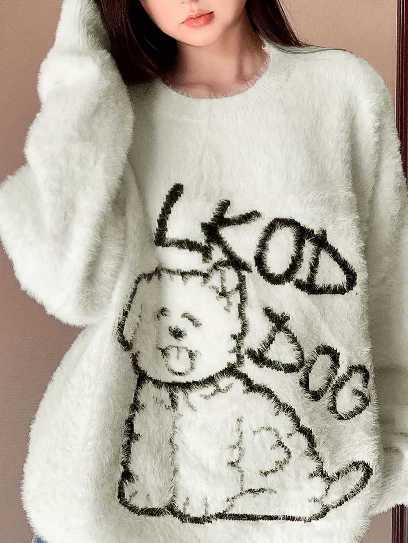 【シャギーニット】セーター レディース 韓国風 もこもこ トップス オーバーサイズ 犬 ドッグ ロゴ 長袖 ニット プルオーバー クルーネック 丸首 ゆるニット ビッグシルエット ドロップショルダー 厚手 防寒 暖かい 柔らかい ふわふわ アニマル 体型カバー 着痩せ