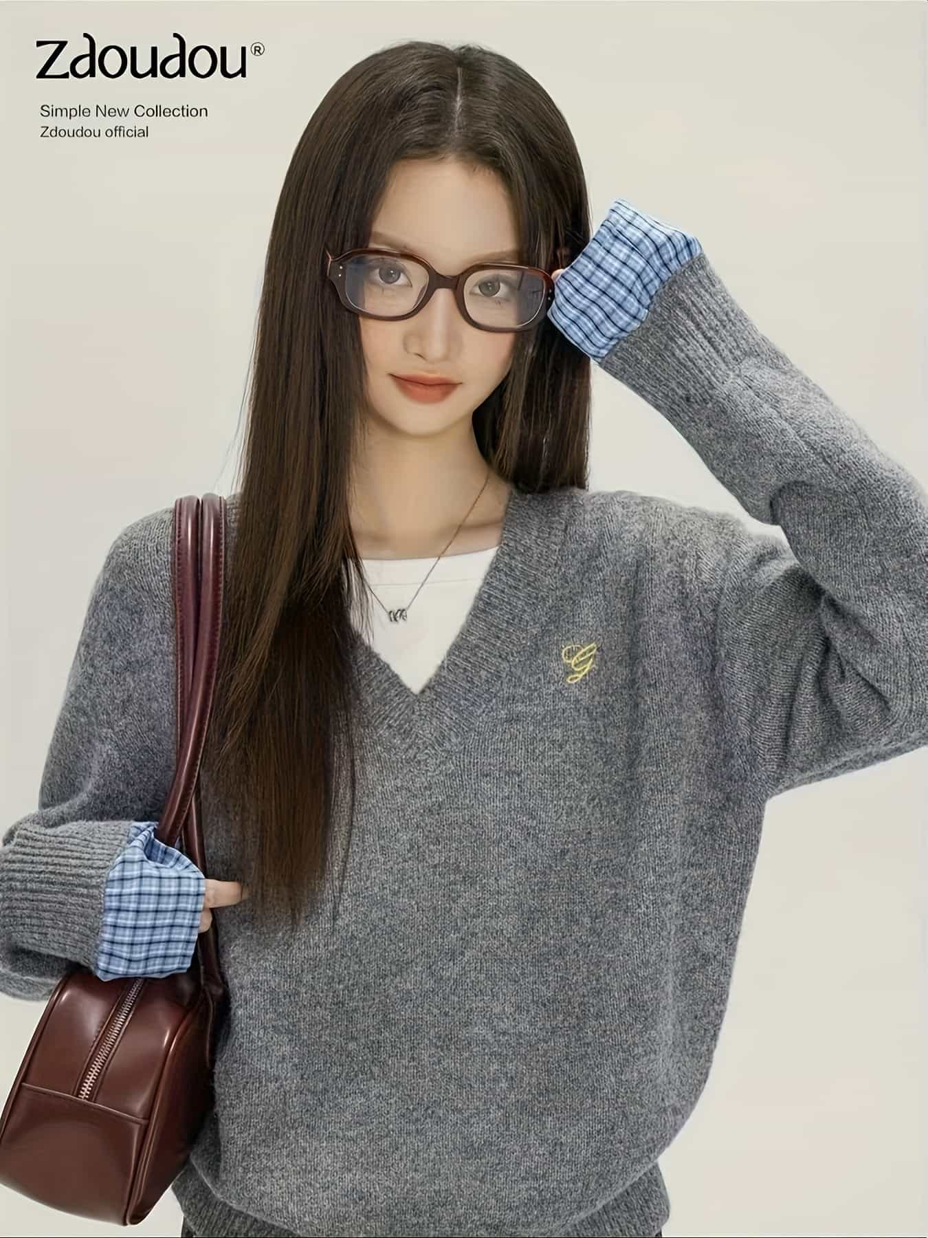 【重ね着風】 ニット セーター レディース Vネック フェイクレイヤード トップス 長袖 チェック柄 袖切り替え 刺繍 ワンポイント ゆったり 体型カバー 着痩せ 細見え 大人可愛い きれいめ カジュアル オフィス 通勤 通学 20代 30代 40代 春 秋 冬 プルオーバー