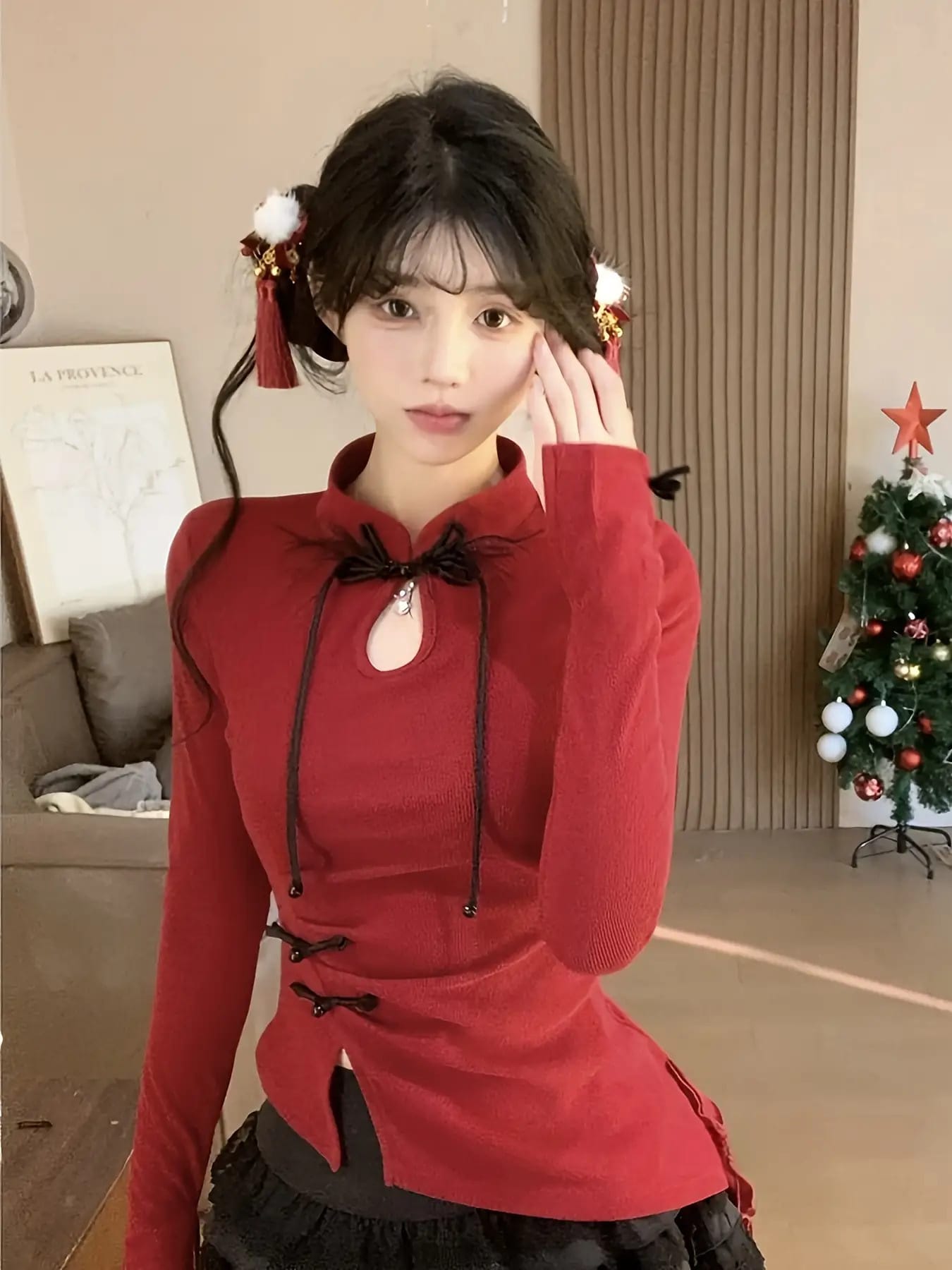 【チャイナ風】トップス レディース 長袖 シャツ ブラウス スタンドカラー マオカラー リボン 胸元開き 涙開き セクシー タイト スリム 着痩せ 細見え ウエストマーク アシンメトリー スリット カットソー チュニック きれいめ 大人可愛い おしゃれ 韓国ファッション