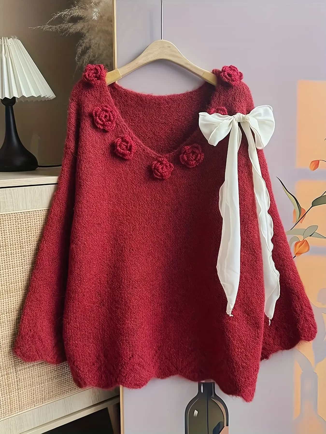 ニット セーター レディース Vネック トップス リボン カメリア 花 モチーフ 長袖 ゆったり 体型カバー 着痩せ 細見え ふんわり 大人可愛い フェミニン レトロ 華やか 秋冬 通勤 お出かけ デート 女子会 レッド アイボリー 20代 30代 40代 大きいサイズ 暖かい