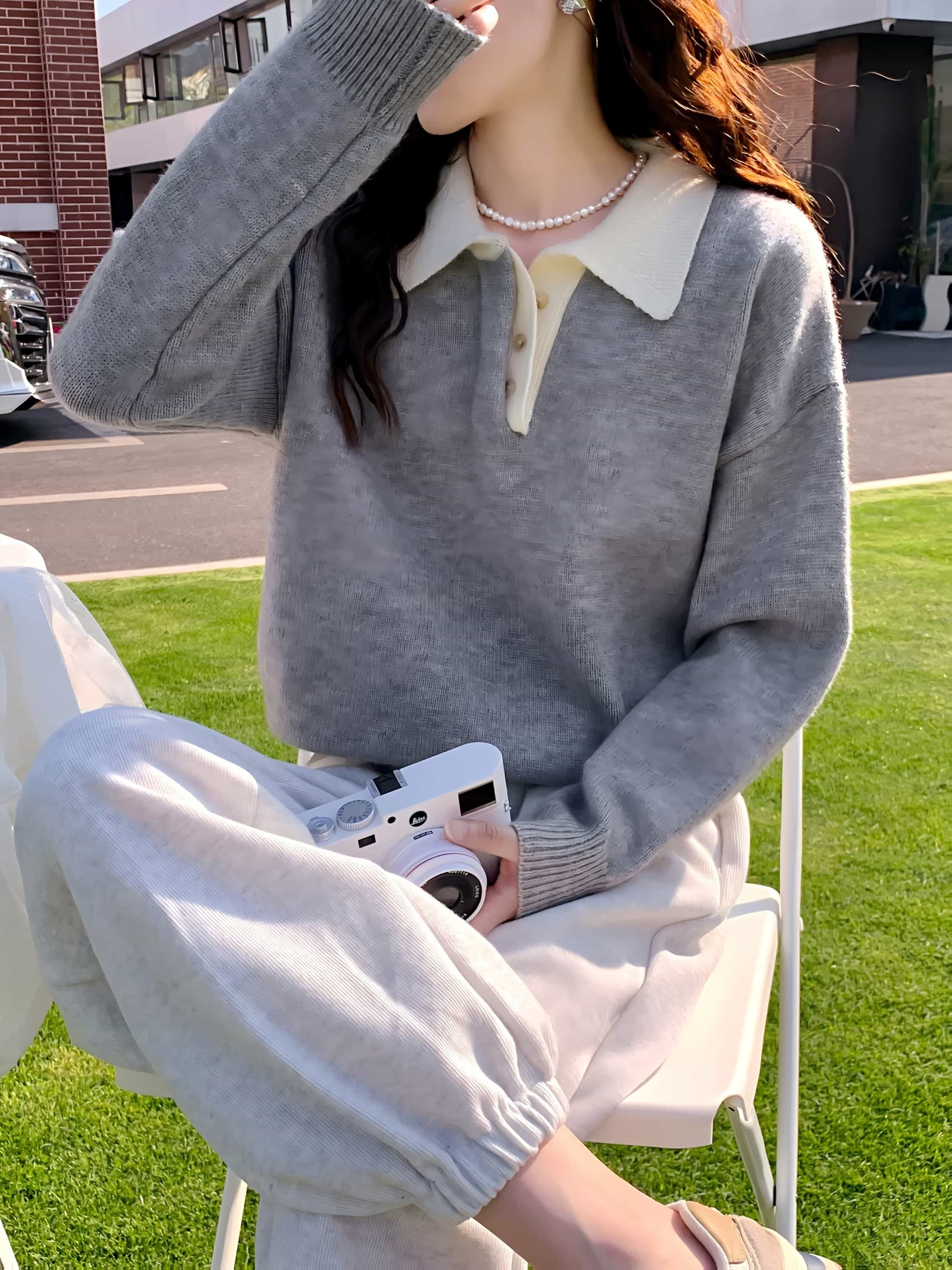 【バイカラー】ニット セーター レディース 襟付き ポロネック トップス 長袖 ハーフボタン 配色 プルオーバー ポロニット 襟付きニット カットソー ニットソー きれいめ 大人可愛い 体型カバー 着痩せ 細見え オフィス 通勤 OL 20代 30代 40代 50代 カジュアル 春 秋|Yokos