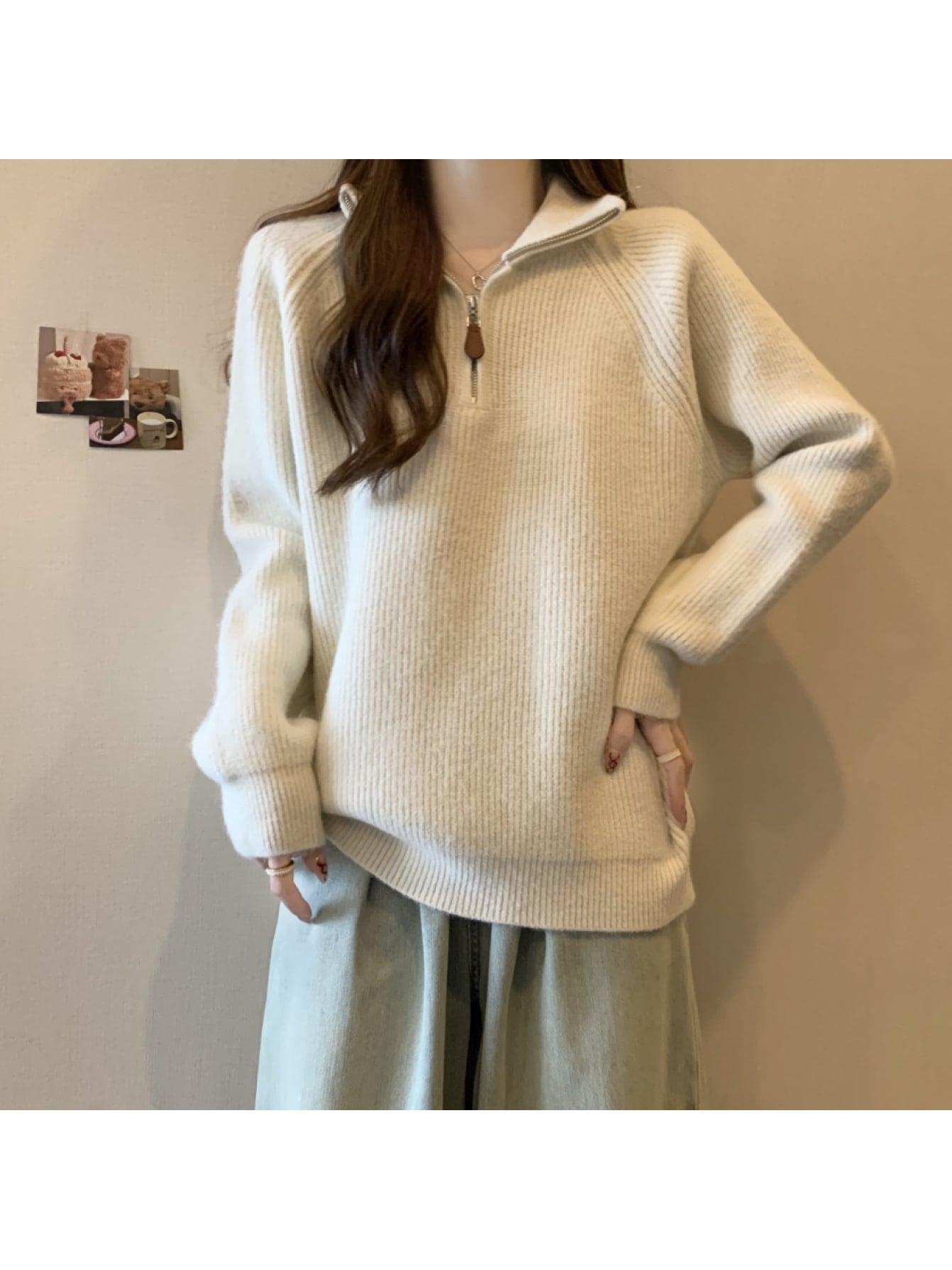 【もっちり触感】ハーフジップ ニット セーター レディース トップス 畦編み リブニット ジップアップ プルオーバー スタンドカラー オーバーサイズ ゆるニット ゆったり 体型カバー 華奢見え 着痩せ 秋冬 暖かい 柔らかい チクチクしない レイヤード ママコーデ