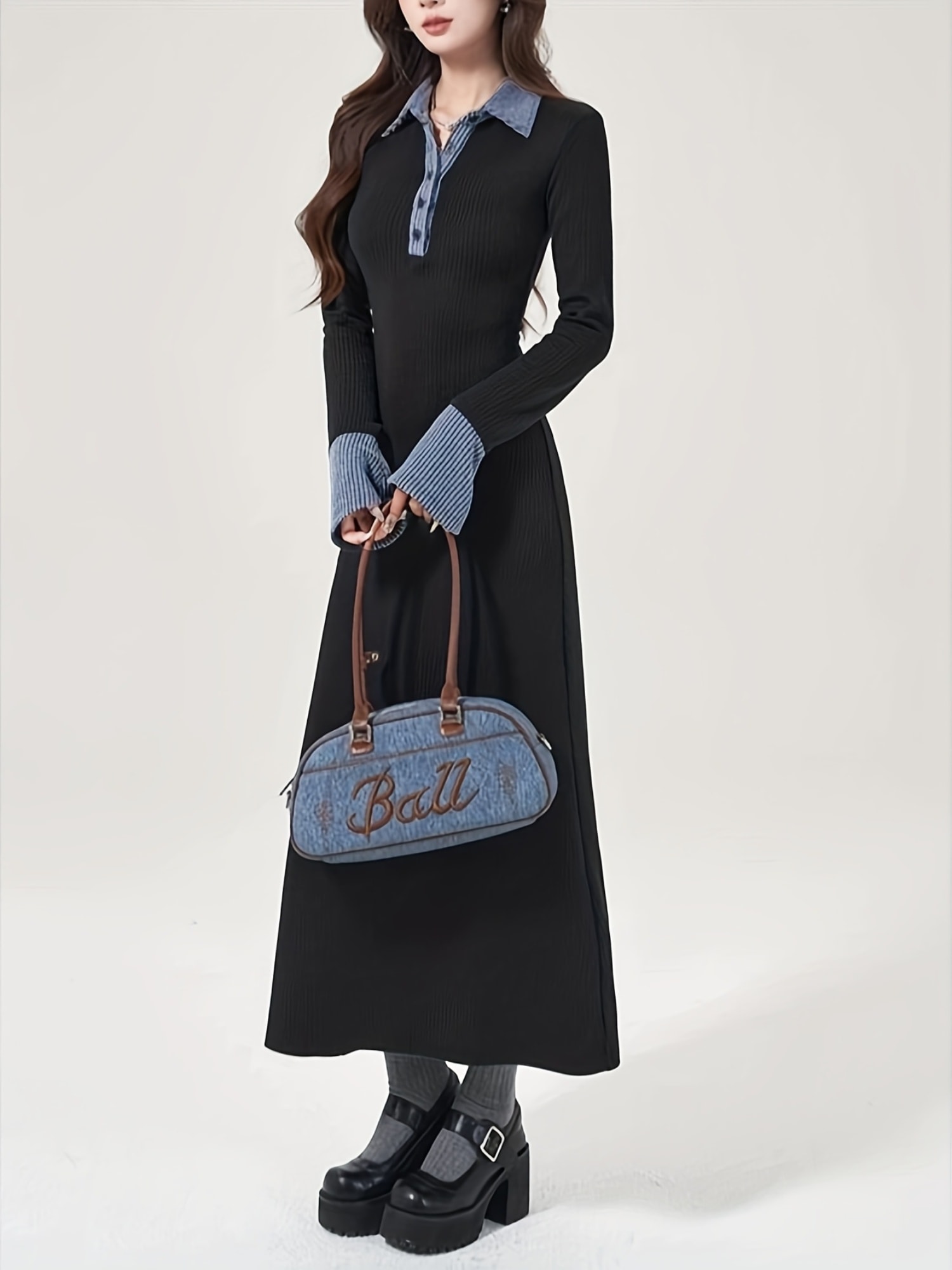 【襟付き】 ニットワンピース ロング レディース 長袖 重ね着風 ポロネック リブニット 配色 バイカラー ワンピ マキシ丈 Aライン 着痩せ 細見え 体型カバー ストレッチ きれいめ 大人可愛い カジュアル 通勤 オフィス デート お出かけ 春 秋 冬 20代 30代 40代 50代|Yokos