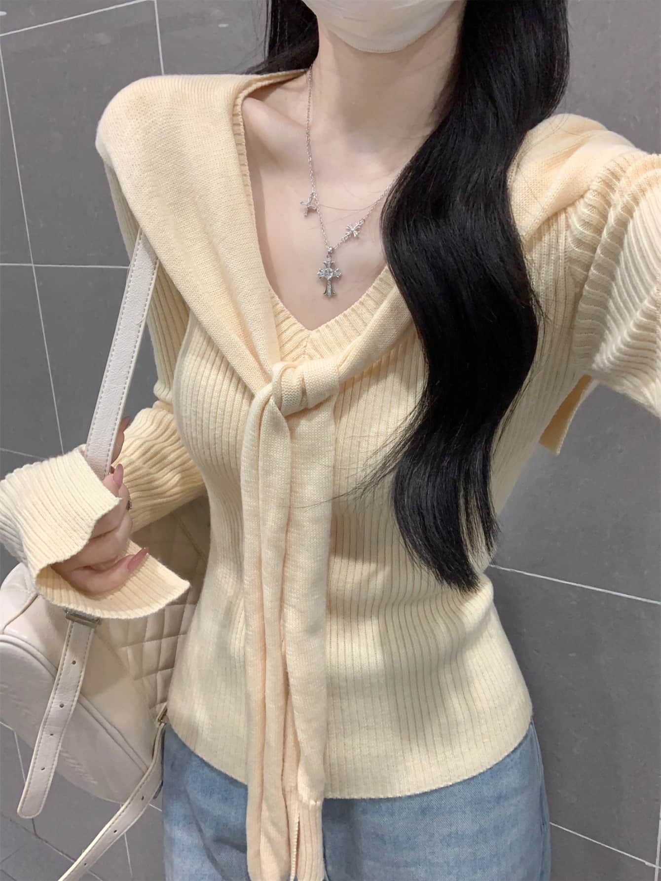 【レイヤード風】ニット レディース トップス セーター Vネック ショール付き 重ね着風 アンサンブル風 リブニット 長袖 タイト スリム フィット 着痩せ 細見え 華奢見え 小顔効果 体型カバー オフィス 通勤 通学 お出かけ デート|Yokos