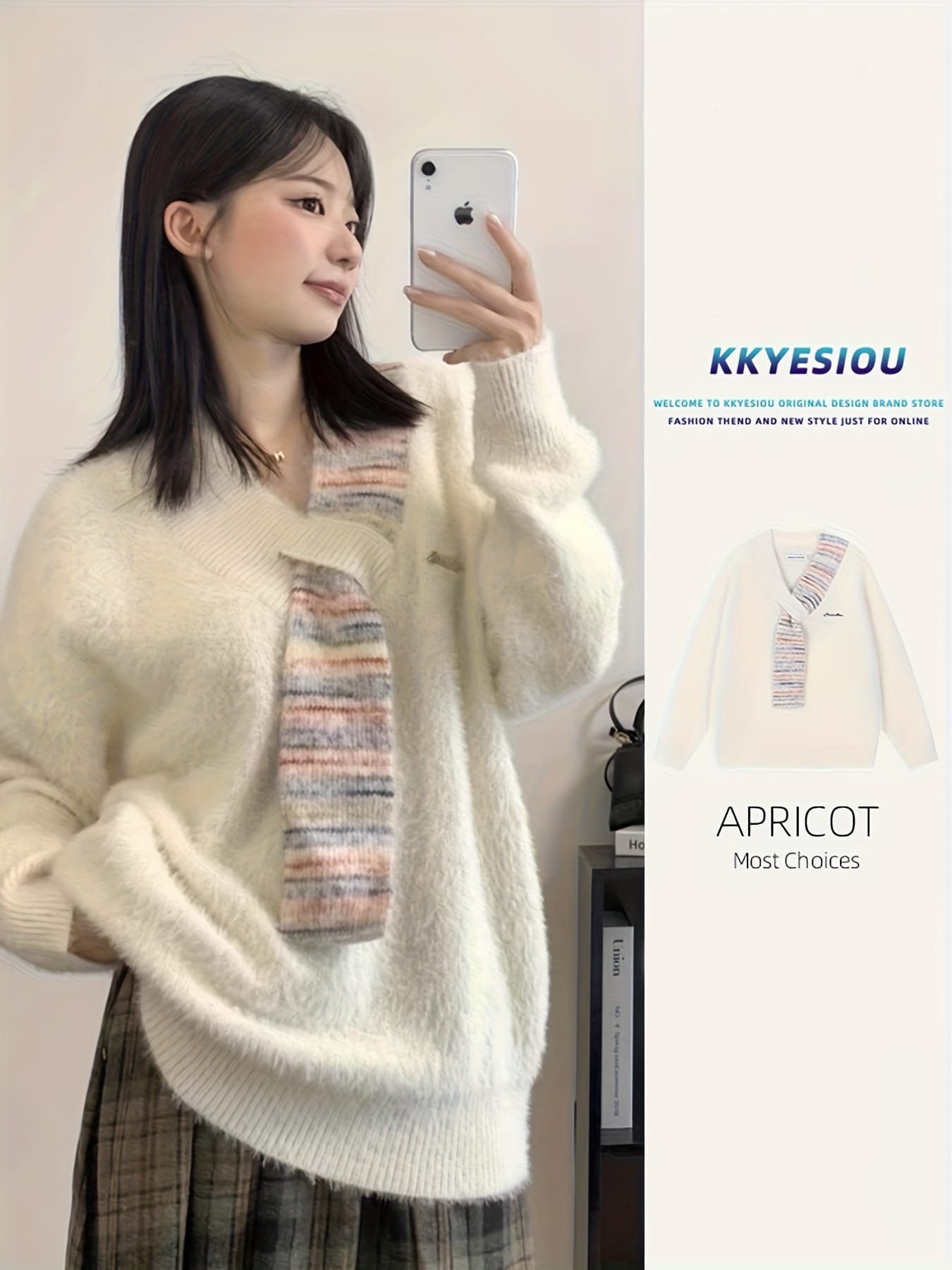 【25%OFFクーポンあり】【マフラー風】ニット セーター レディース Vネック 切り替え シャギーニット プルオーバー 長袖 配色 バイカラー ふわふわ 柔らかい 厚手 防寒 暖かい 体型カバー ゆったり 着痩せ 小顔効果 通勤 デート 大人可愛い 韓国 きれいめ 秋冬 アイボリー｜Yokos