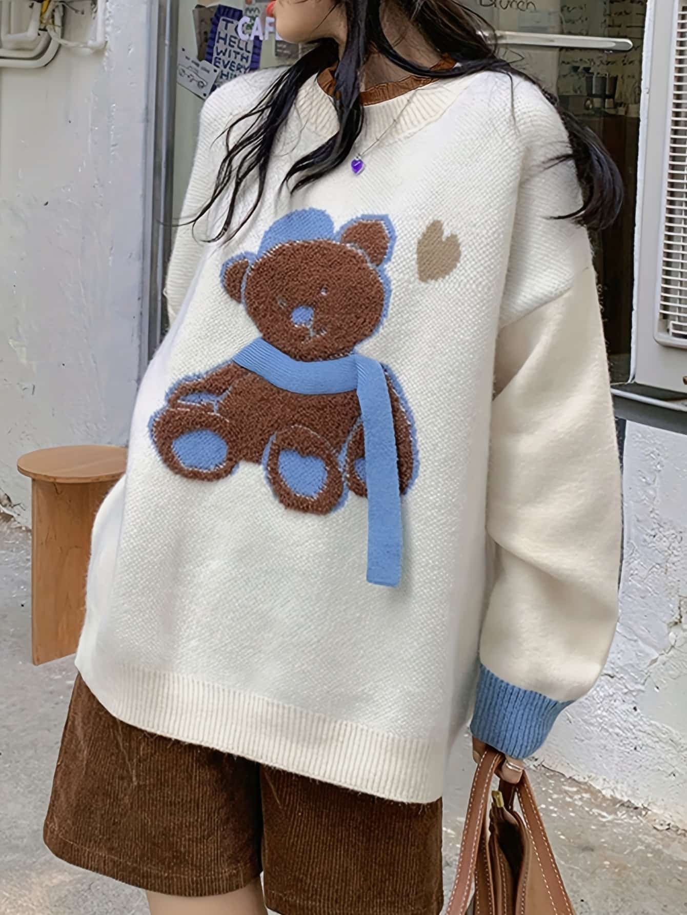 【大人可愛いクマさん】ニット セーター レディース トップス プルオーバー クマ 熊 ラウンドネック 丸首 長袖 配色 ドロップショルダー ビッグシルエット オーバーサイズ ゆったり 楽ちん 体型カバー 二の腕カバー 華奢見え 着痩せ 秋 冬 秋冬 カジュアル ガーリー