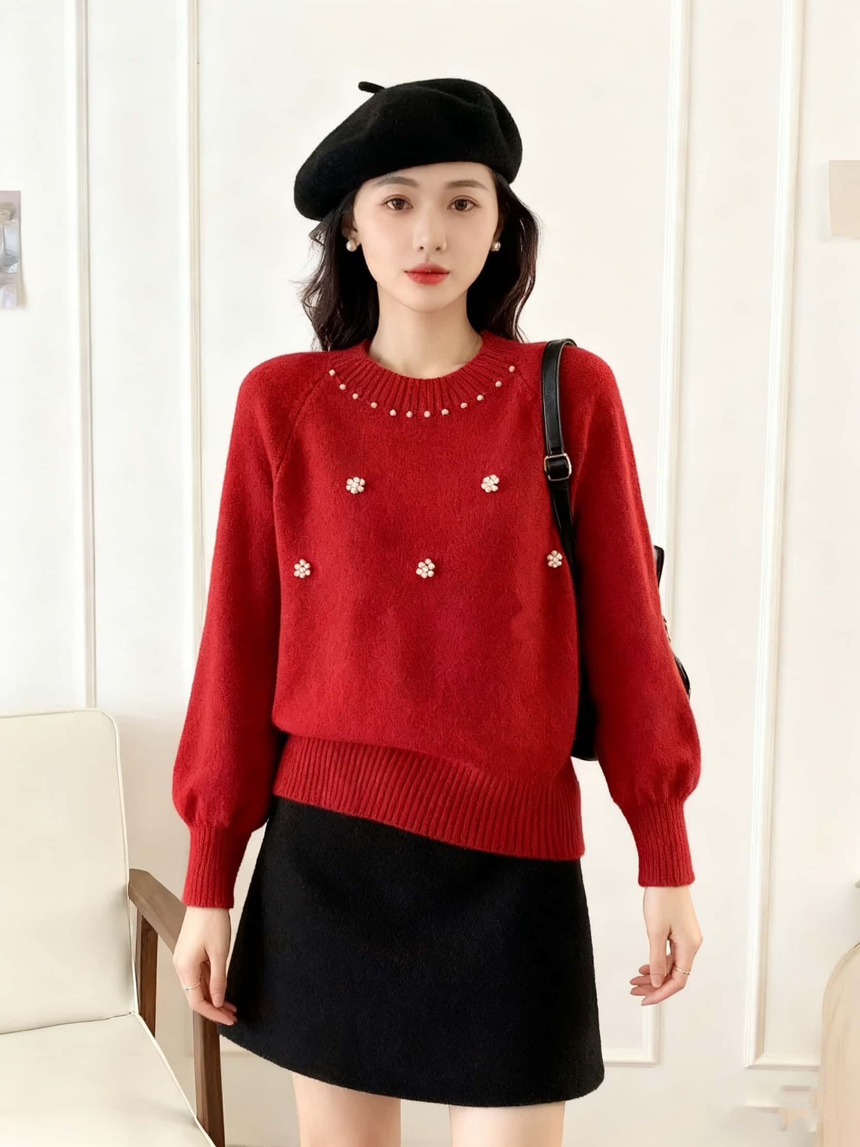 【華やかパール】 ニット セーター レディース 長袖 ビジュー 花柄 クルーネック プルオーバー トップス ぽわん袖 ボリュームスリーブ バルーン袖 ゆったり 体型カバー 着痩せ 細見え 二の腕カバー 柔らかい もっちり 暖か ストレッチ 大人可愛い きれいめ フェミニン
