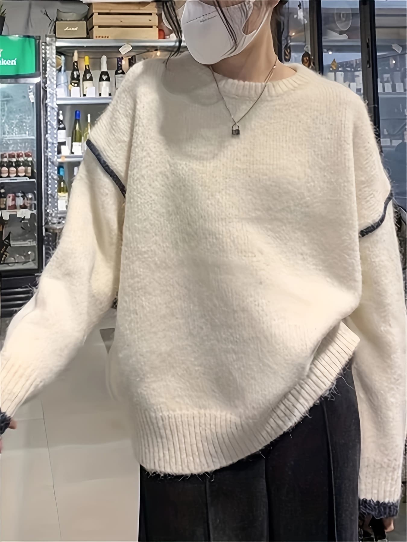 【配色ライン】 ニット セーター レディース トップス 配色 クルーネック ラウンドネック 長袖 プルオーバー オーバーサイズ ゆったり 体型カバー 二の腕カバー 着痩せ 華奢見え 柔らかい もっちり ニットソー カジュアル きれいめ 大人可愛い オフィス 通勤 通学