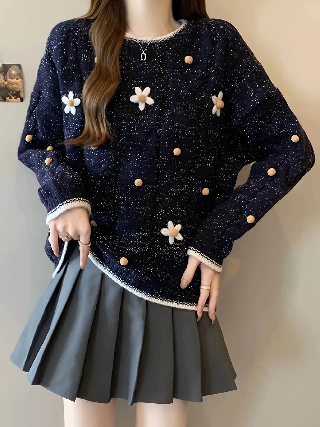 【3D立体フラワー】 ニット セーター レディース トップス プルオーバー 花柄 立体 刺繍 クルーネック 丸首 長袖 配色 ツイード風 ミックスニット ポンポン 飾り ゆったり 大きいサイズ 体型カバー 華奢見え 二の腕カバー 大人可愛い レトロ カジュアル きれいめ 秋冬|Yokos