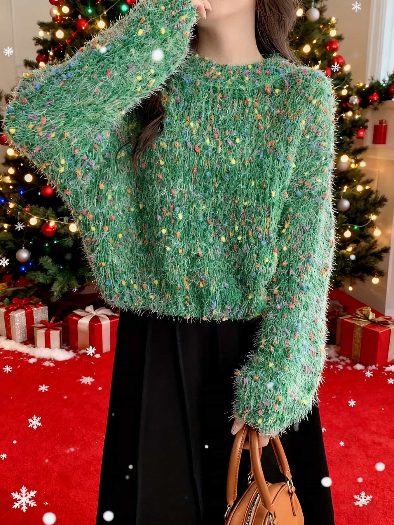 【クリスマスに最適】ニット セーター レディース シャギーニット マルチカラー ネップ クルーネック 長袖 トップス プルオーバー ゆるニット 厚手 暖かい 防寒 もこもこ ふわふわ 柔らかい 伸縮性 体型カバー ゆったり 楽ちん 着痩せ 大人可愛い きれいめ カジュアル